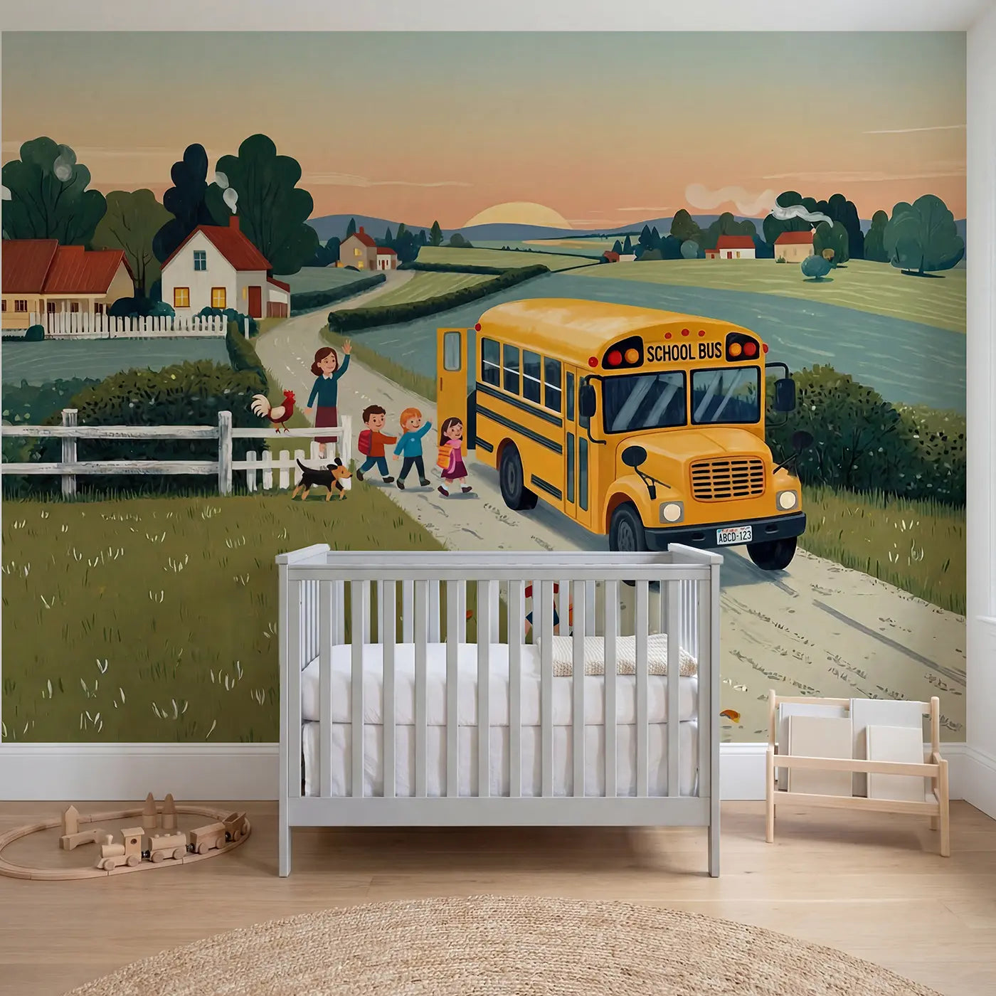 modern illustration vintage school bus morning mural for boys room by Whimsy Tots