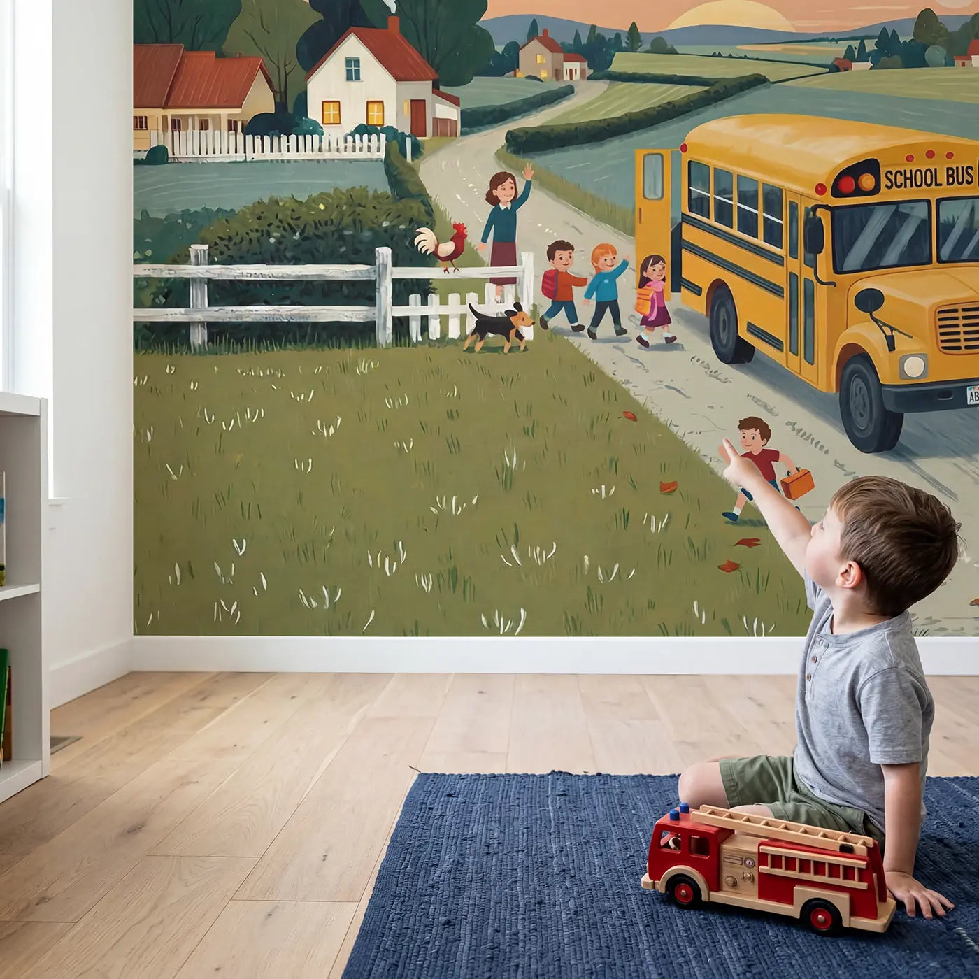 Child in nursery with Vintage School Bus Morning Route Wallpaper Mural by Whimsy Tots