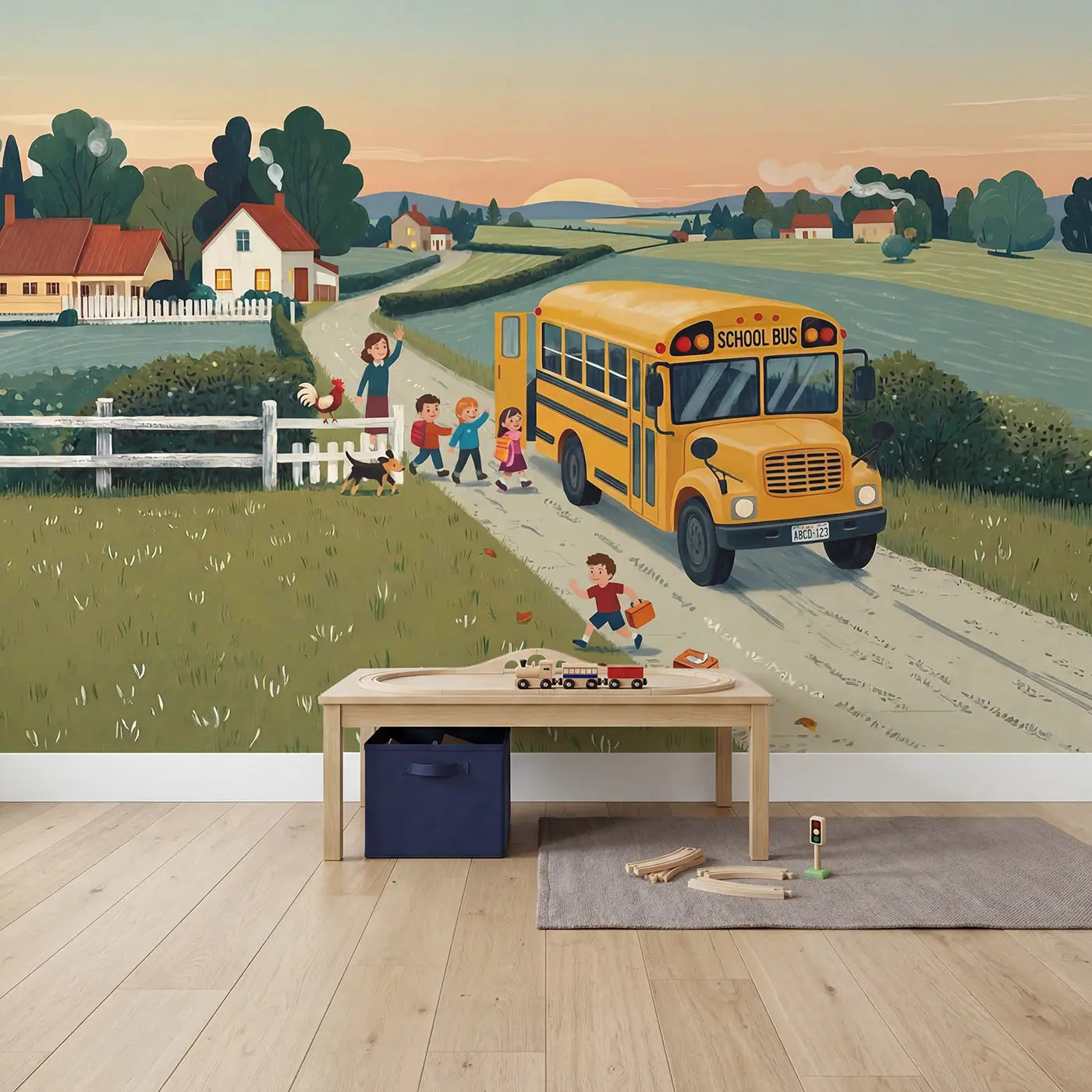 Vintage School Bus Morning Route Wallpaper Mural in playroom setting by Whimsy Tots