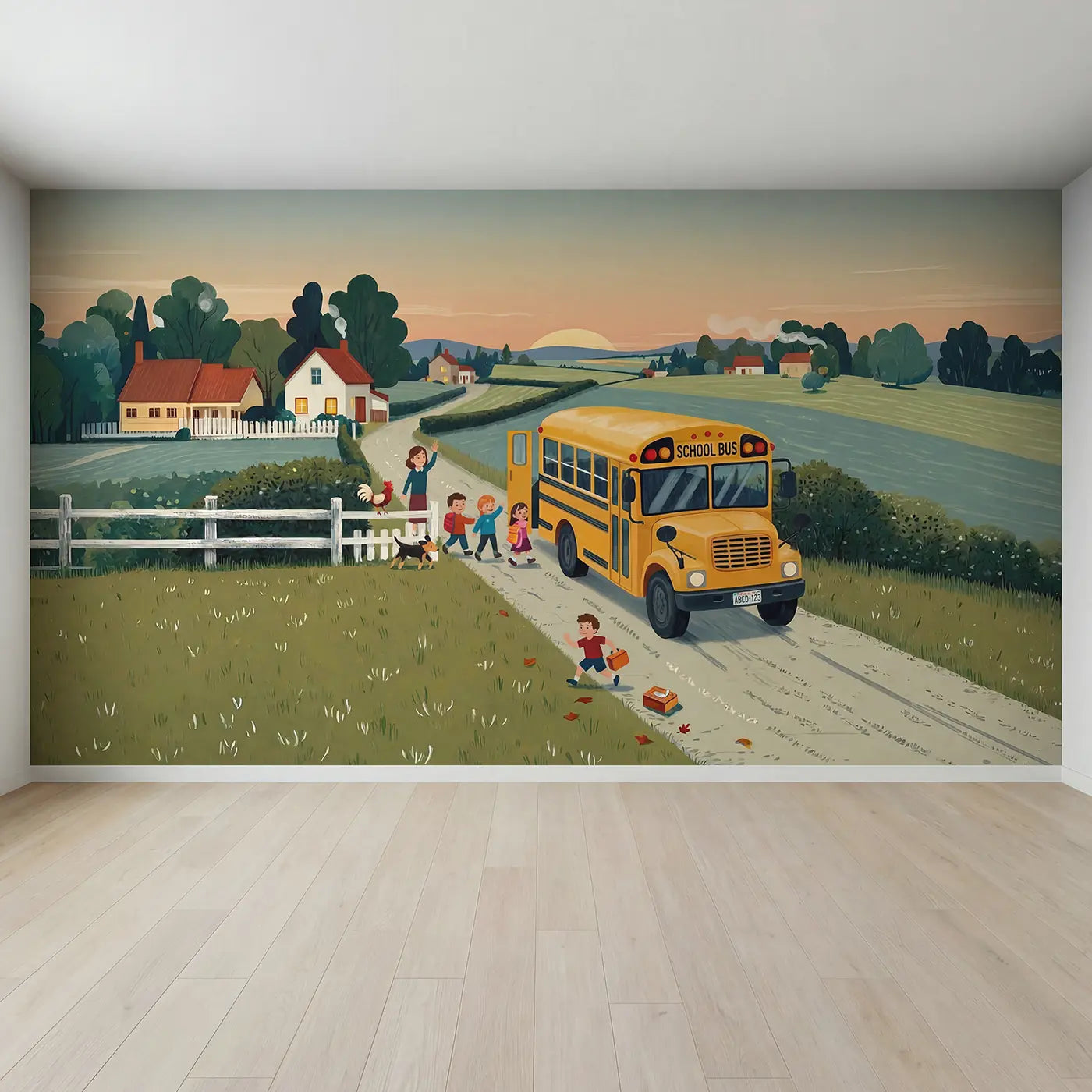 Full view of Vintage School Bus Morning Route Wallpaper Mural by Whimsy Tots
