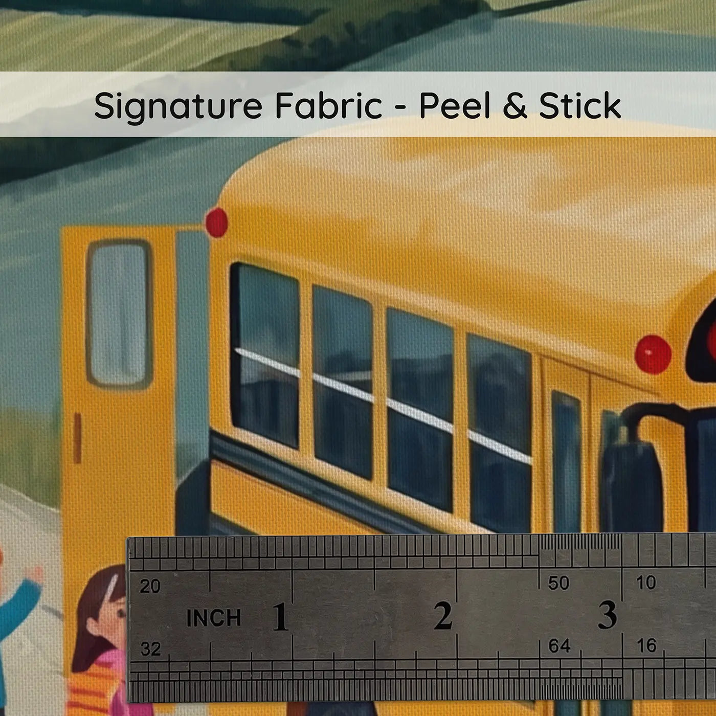 Fabric texture close-up of Vintage School Bus Morning Route Wallpaper Mural by Whimsy Tots