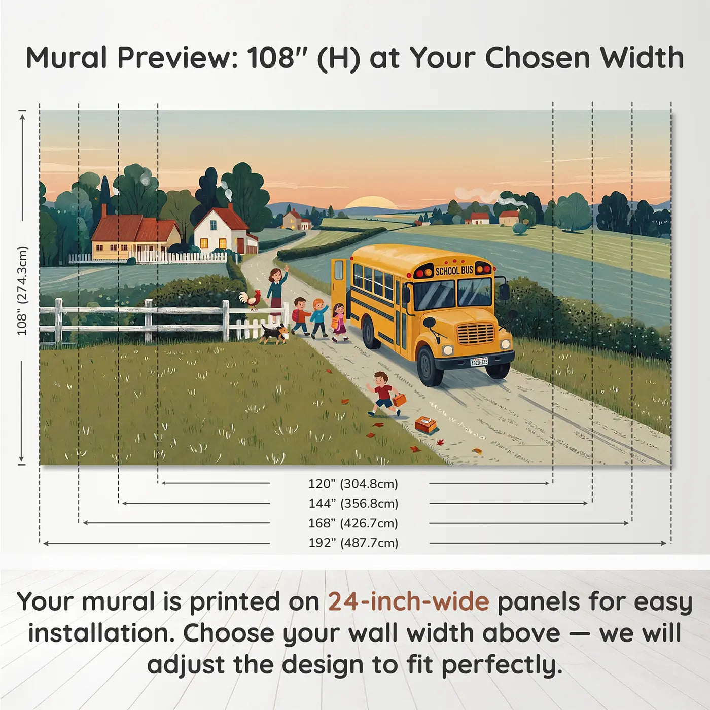 Panel layout and dimensions for Vintage School Bus Morning Route Wallpaper Mural by Whimsy Tots
