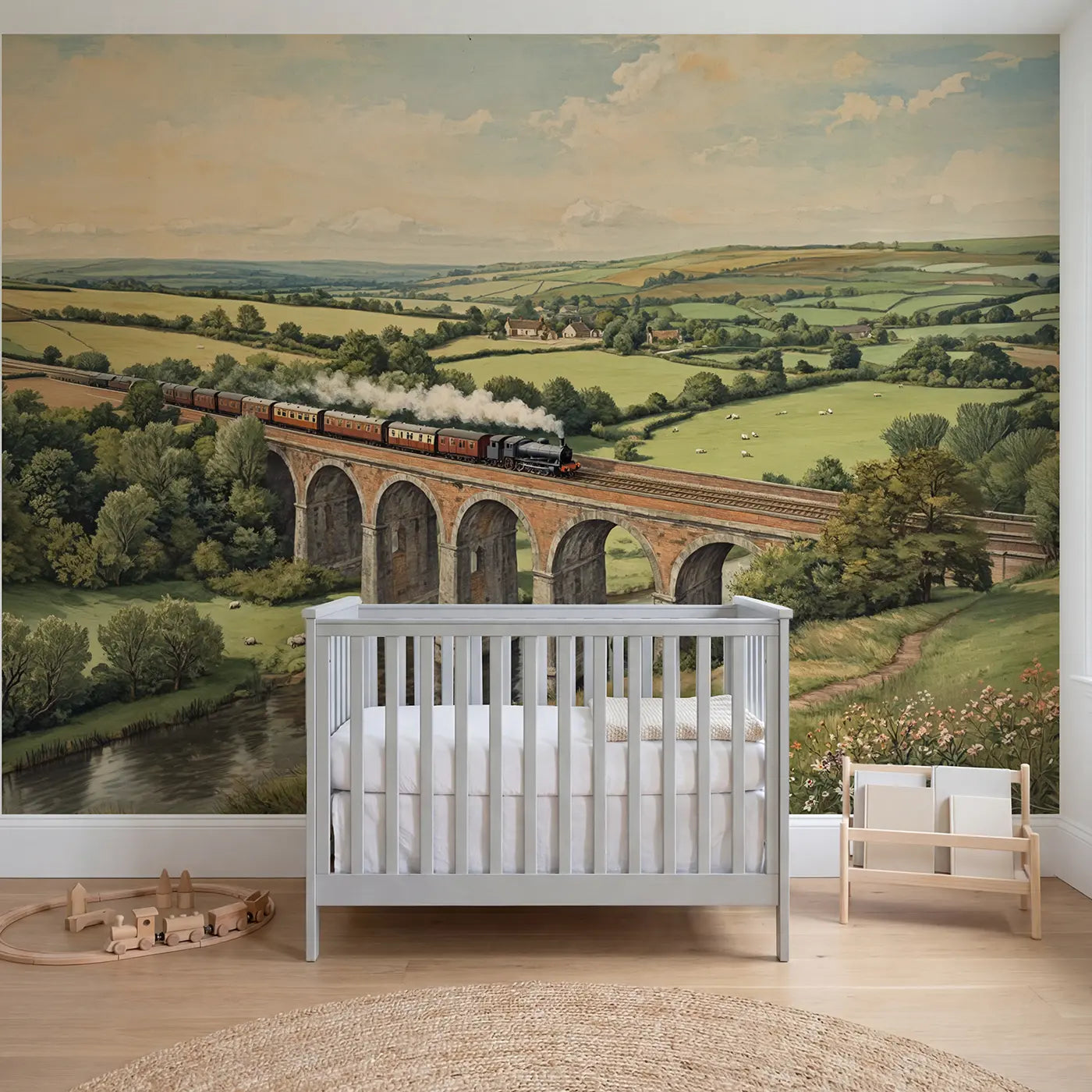 Storybook railway viaduct valley crossing wallpaper mural for nursery by Whimsy Tots