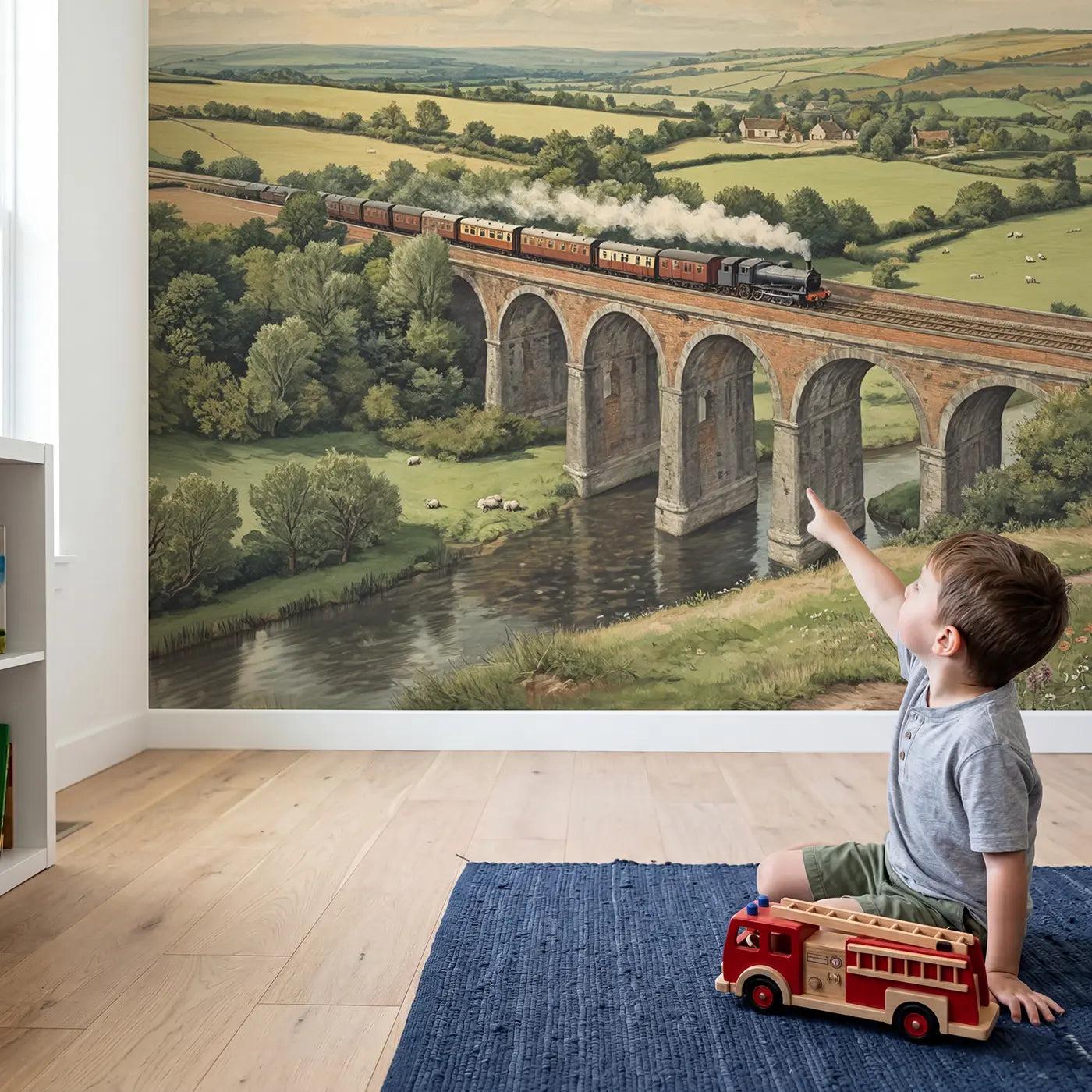 Child in nursery with Railway Viaduct Valley Crossing Wallpaper Mural by Whimsy Tots