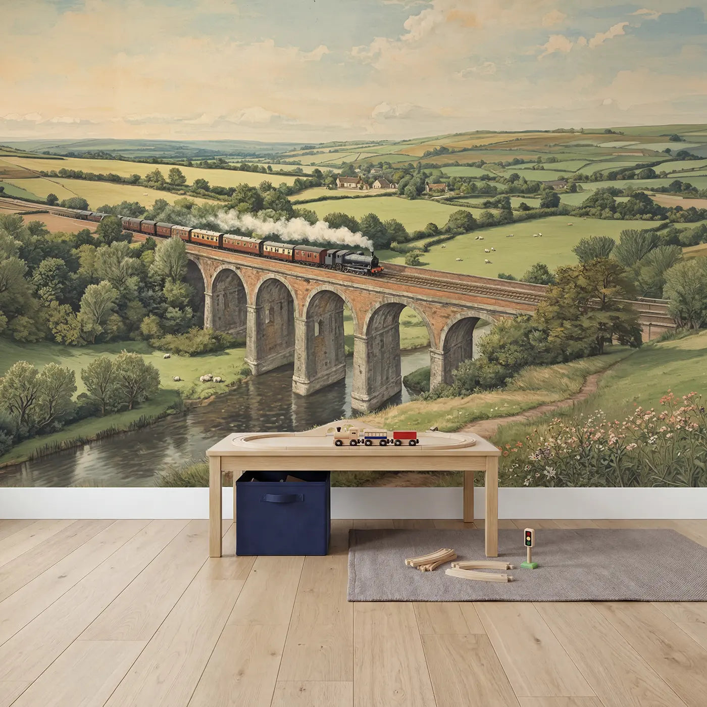 Railway Viaduct Valley Crossing Wallpaper Mural in playroom setting by Whimsy Tots