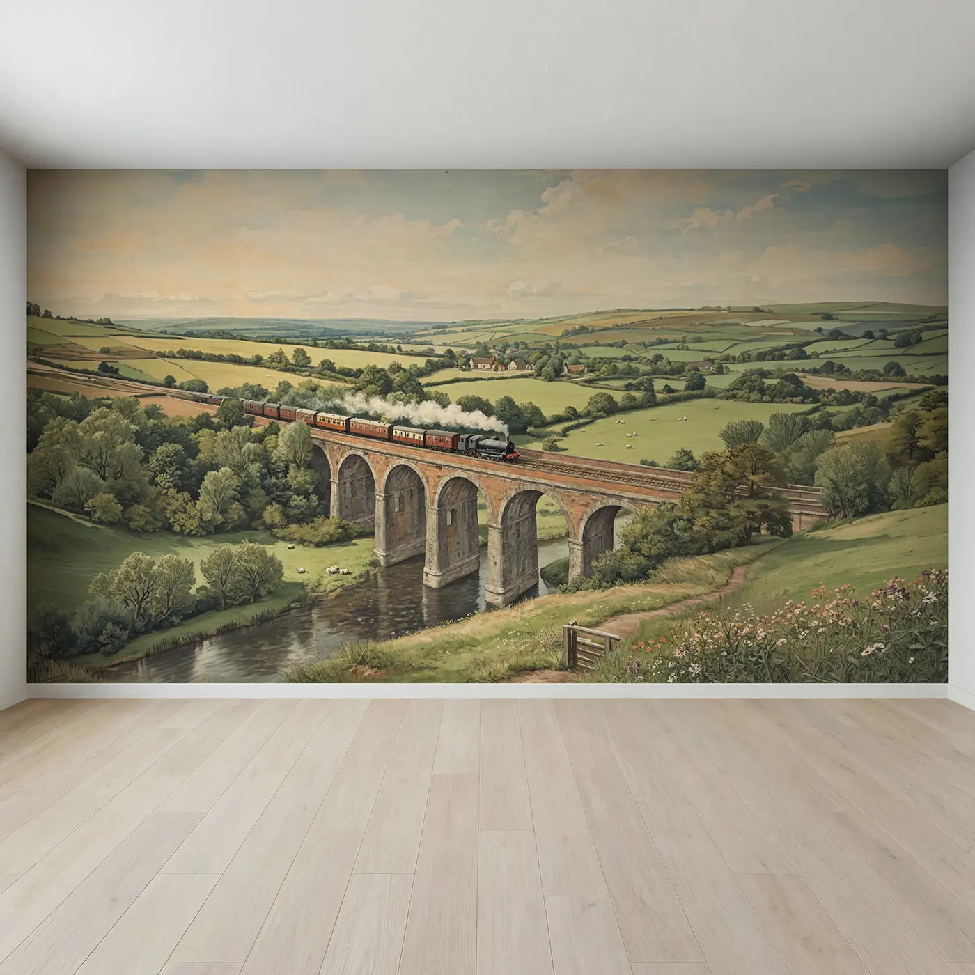 Full view of Railway Viaduct Valley Crossing Wallpaper Mural by Whimsy Tots