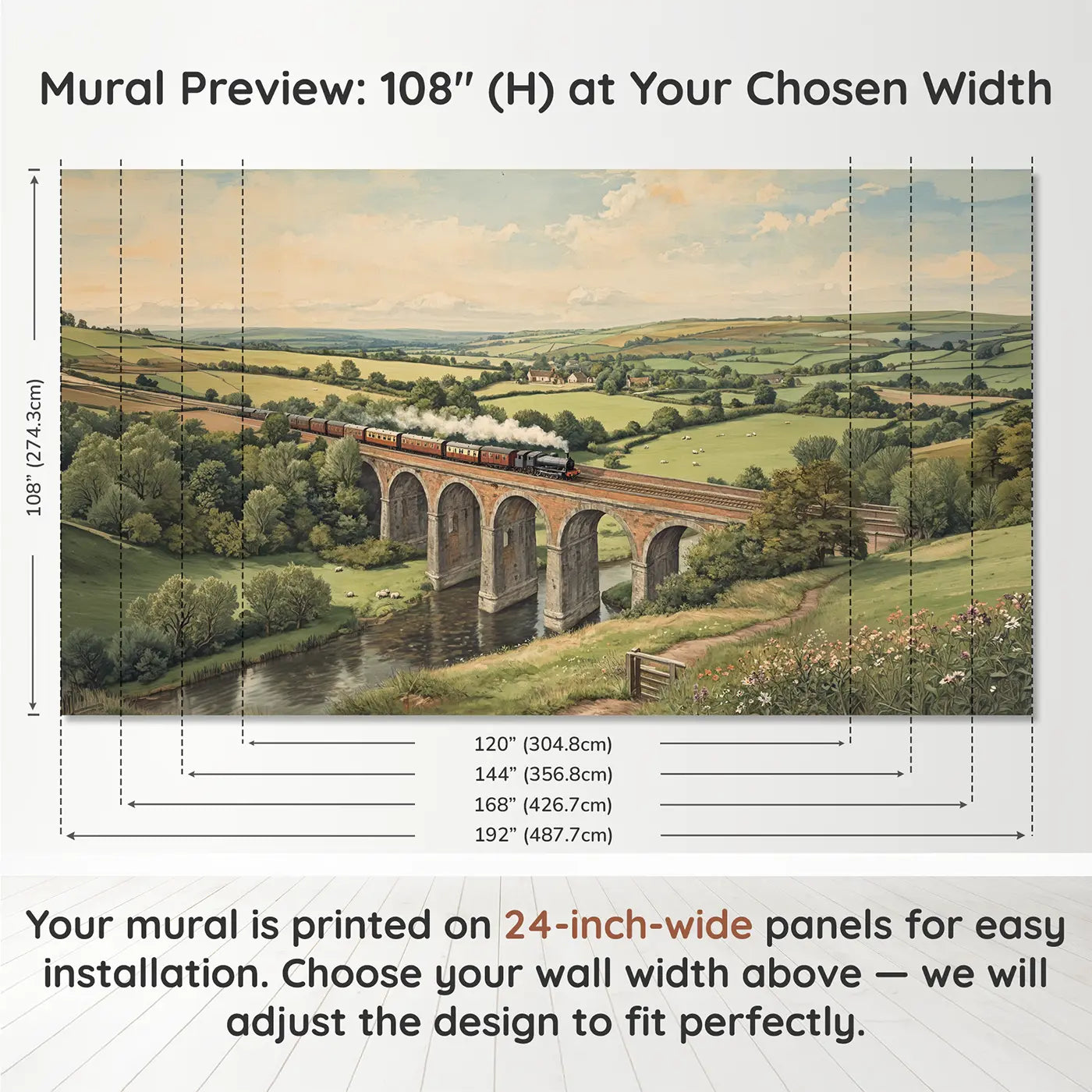 Panel layout and dimensions for Railway Viaduct Valley Crossing Wallpaper Mural by Whimsy Tots