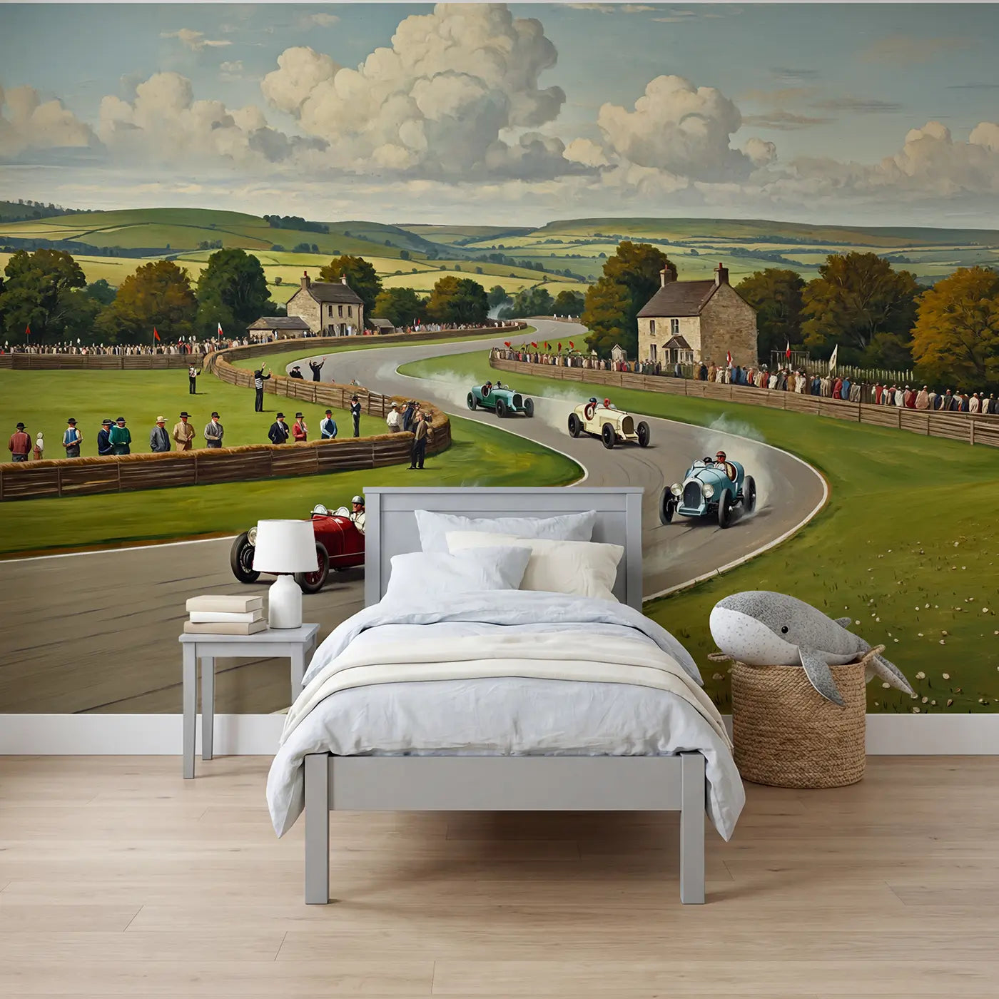 Painted landscape country race track wallpaper mural for boys room by Whimsy Tots