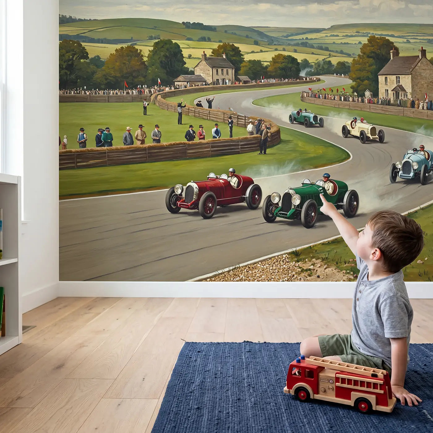 Child in nursery with Country Race Track Wallpaper Mural by Whimsy Tots