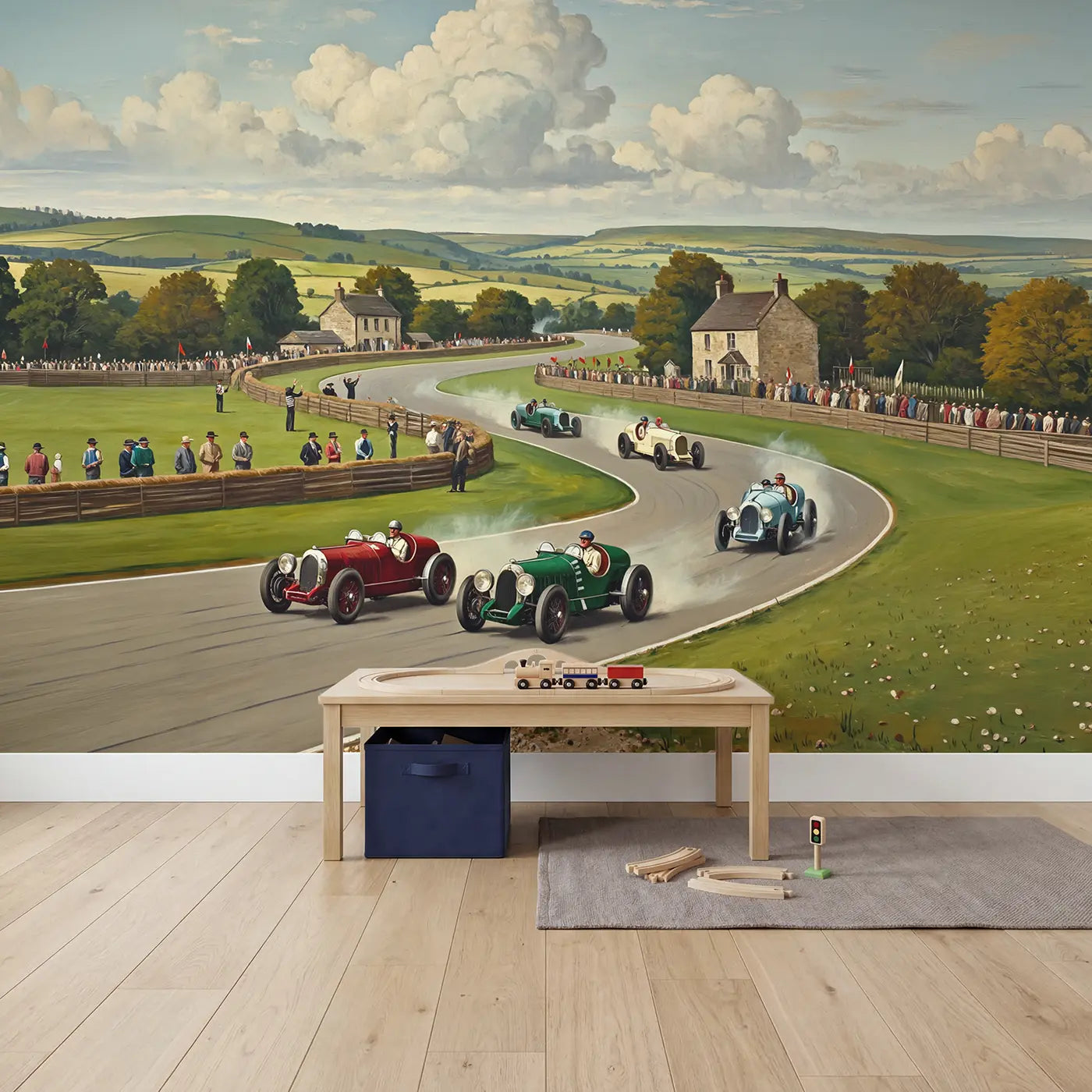 Country Race Track Wallpaper Mural in playroom setting by Whimsy Tots