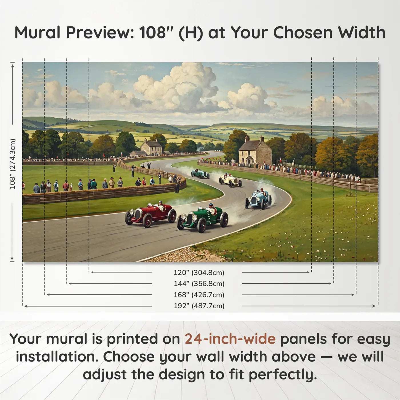 Panel layout and dimensions for Country Race Track Wallpaper Mural by Whimsy Tots