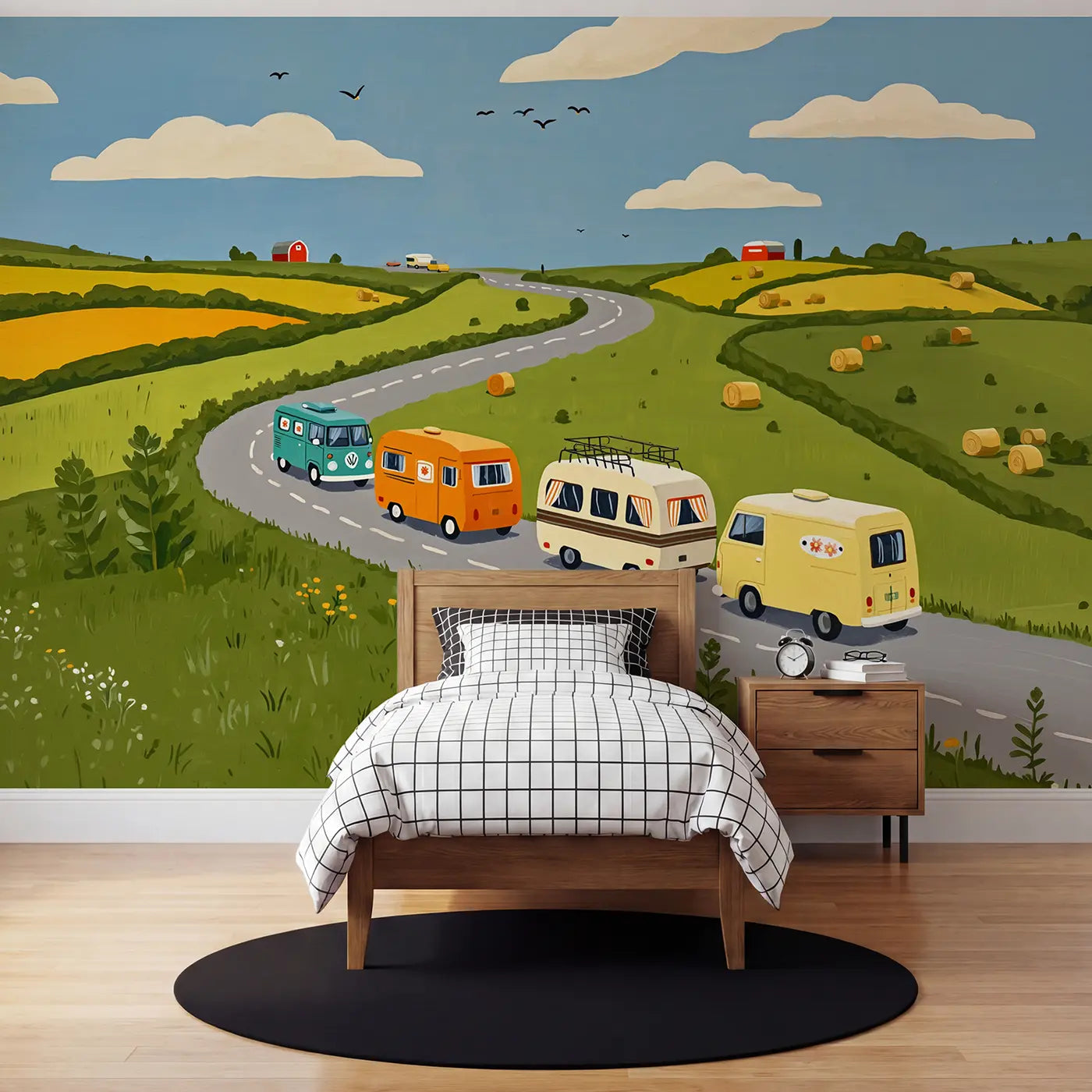 Modern illustration vintage van road trip wallpaper mural for kids room by Whimsy Tots