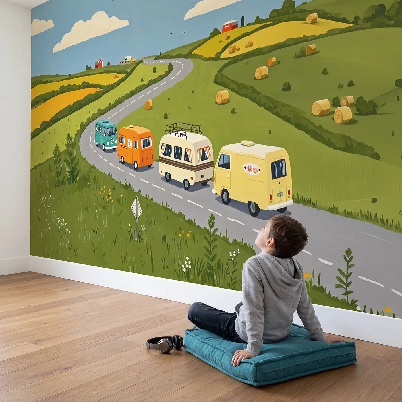 Child in nursery with Vintage Van Road Trip Wallpaper Mural by Whimsy Tots