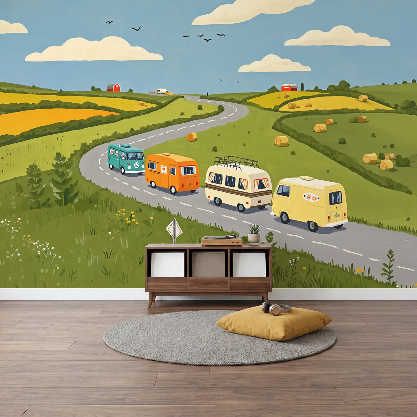 Vintage Van Road Trip Wallpaper Mural in playroom setting by Whimsy Tots