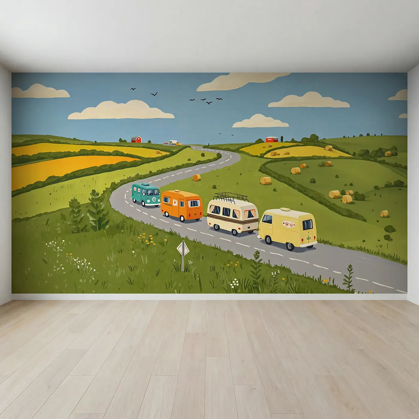 Full view of Vintage Van Road Trip Wallpaper Mural by Whimsy Tots