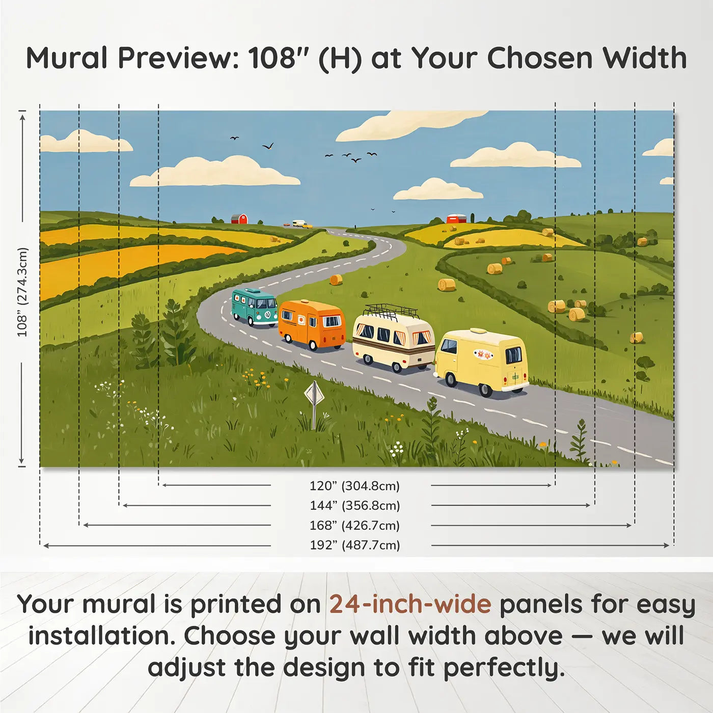Panel layout and dimensions for Vintage Van Road Trip Wallpaper Mural by Whimsy Tots