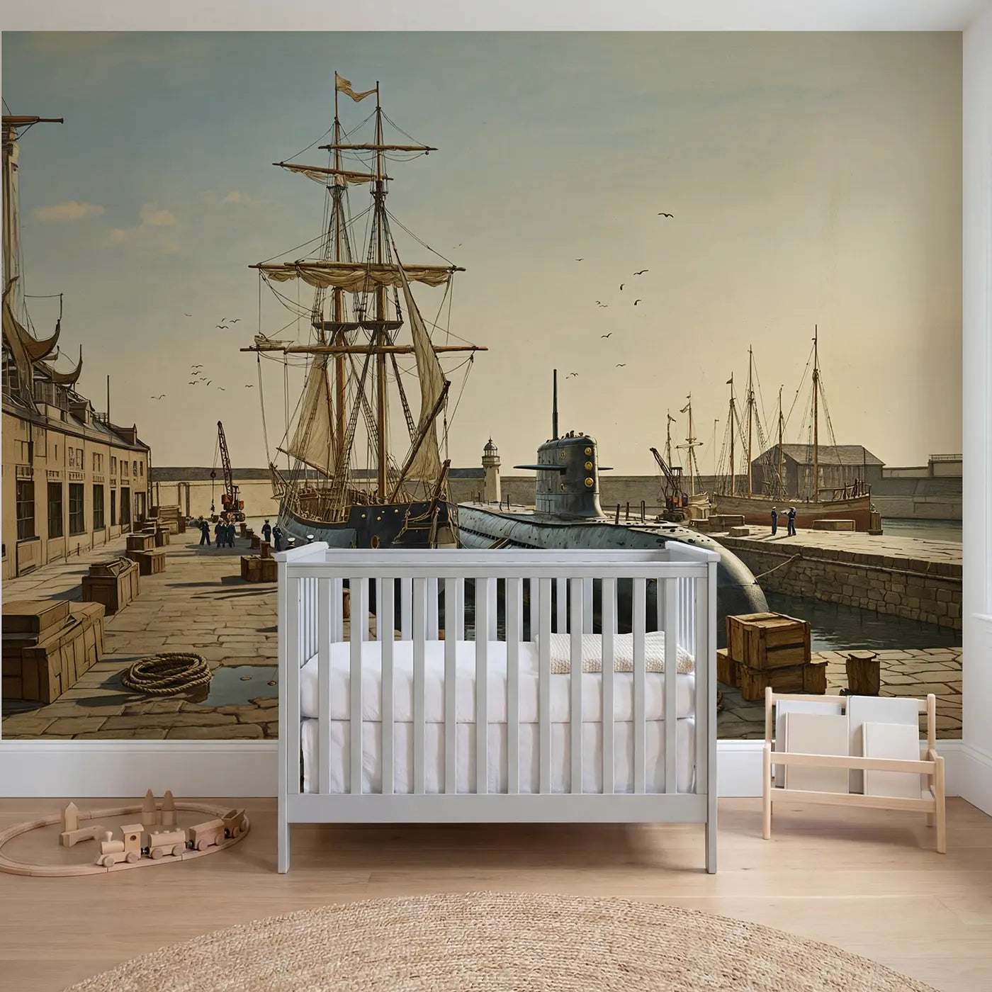Storybook submarine tall ship nautical wallpaper mural for kids room by Whimsy Tots