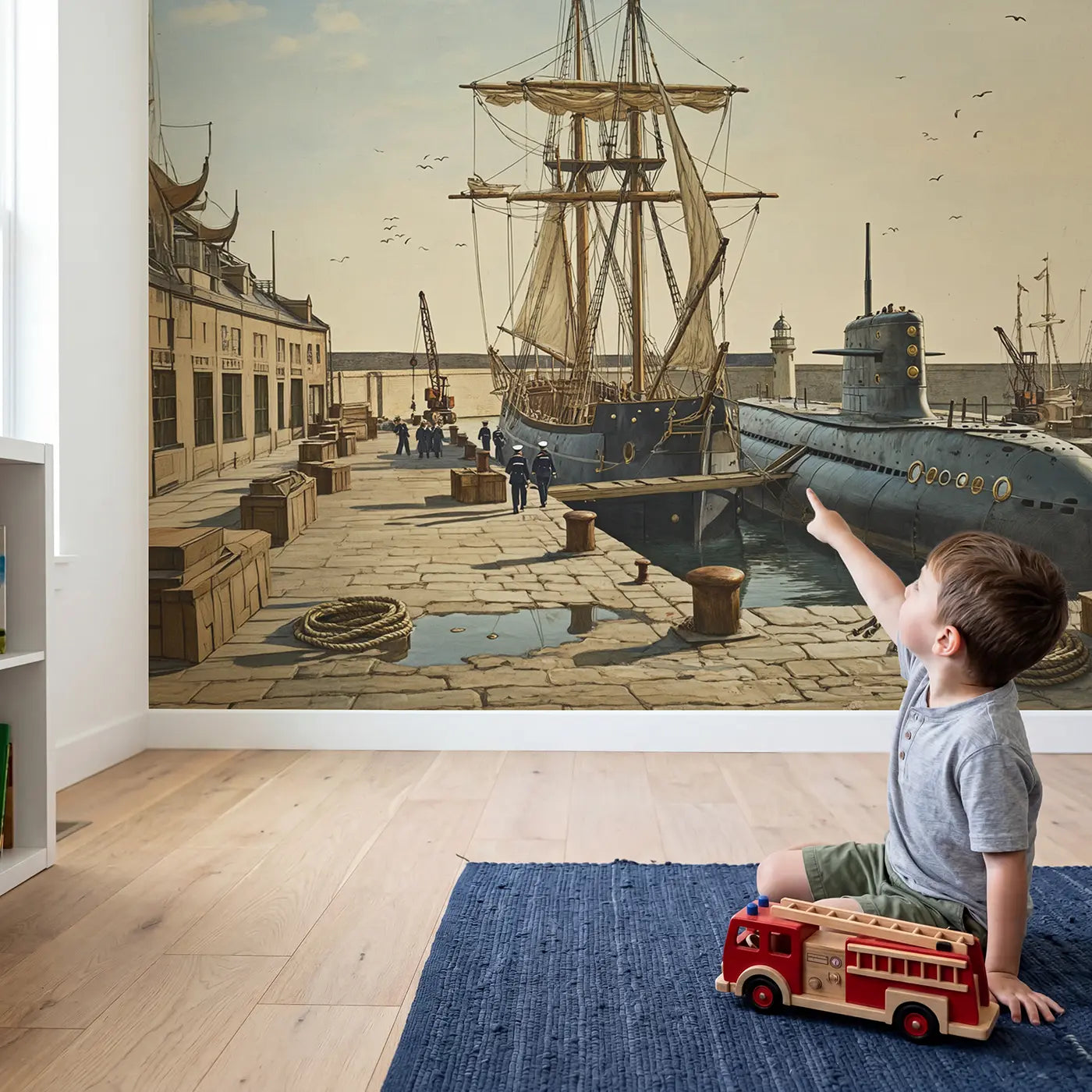 Child in nursery with Submarine and Tall Ship Wallpaper Mural by Whimsy Tots