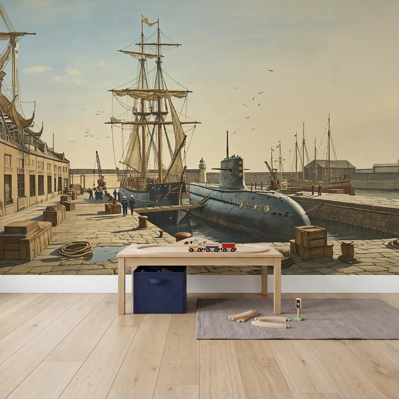 Submarine and Tall Ship Wallpaper Mural in playroom setting by Whimsy Tots