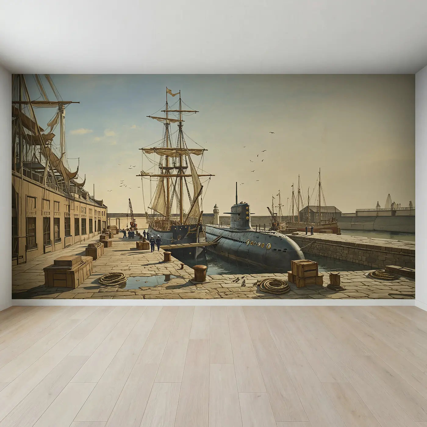 Full view of Submarine and Tall Ship Wallpaper Mural by Whimsy Tots