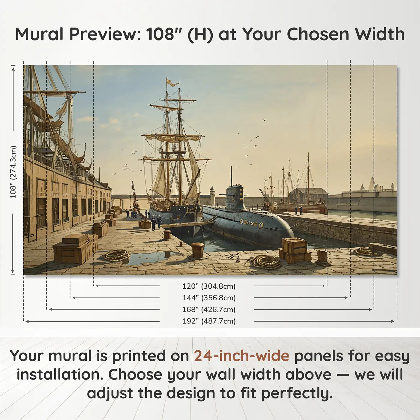 Panel layout and dimensions for Submarine and Tall Ship Wallpaper Mural by Whimsy Tots