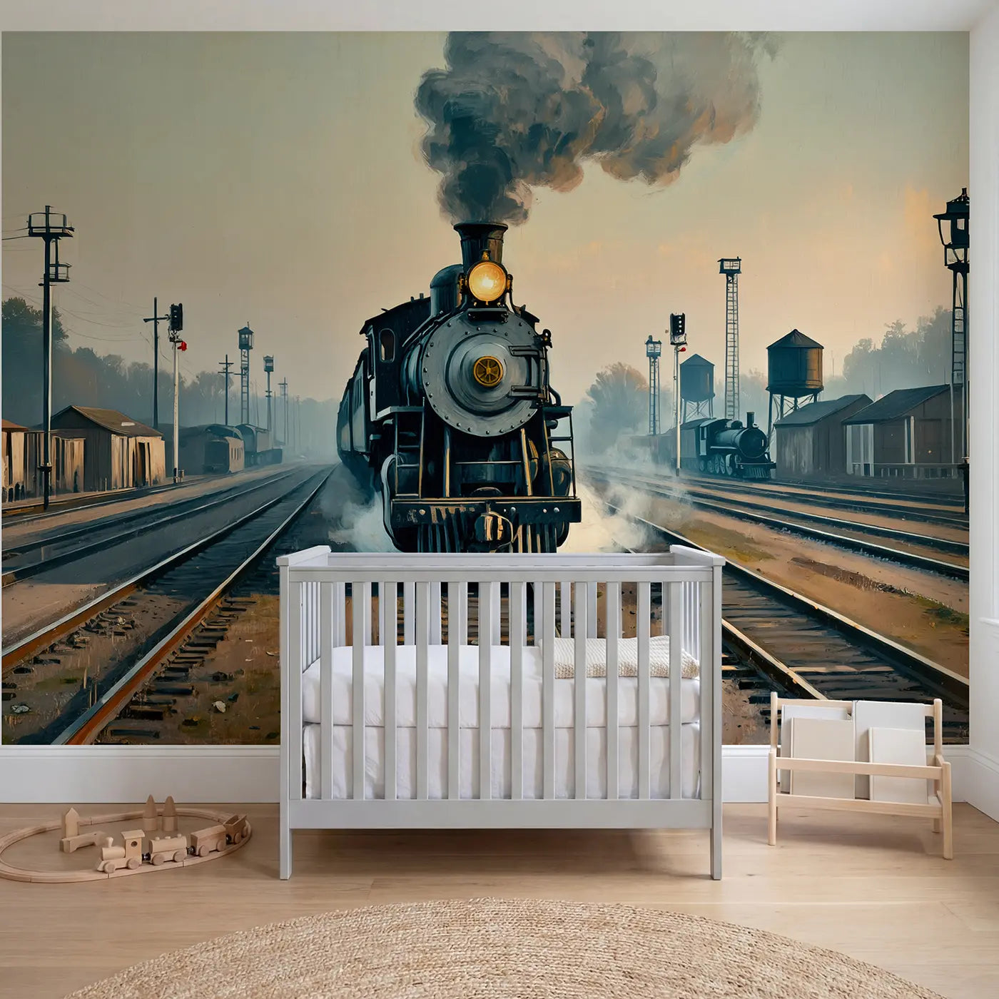 Painted steam train and track wallpaper mural for kids room by Whimsy Tots