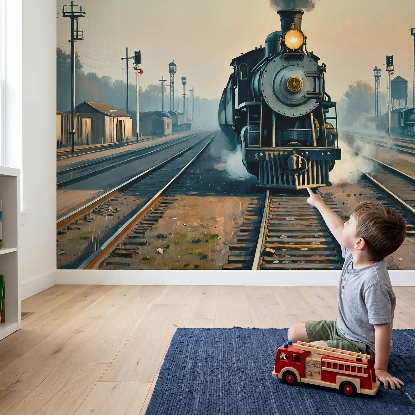 Child in nursery with Steam Engine Morning Yard Wallpaper Mural by Whimsy Tots