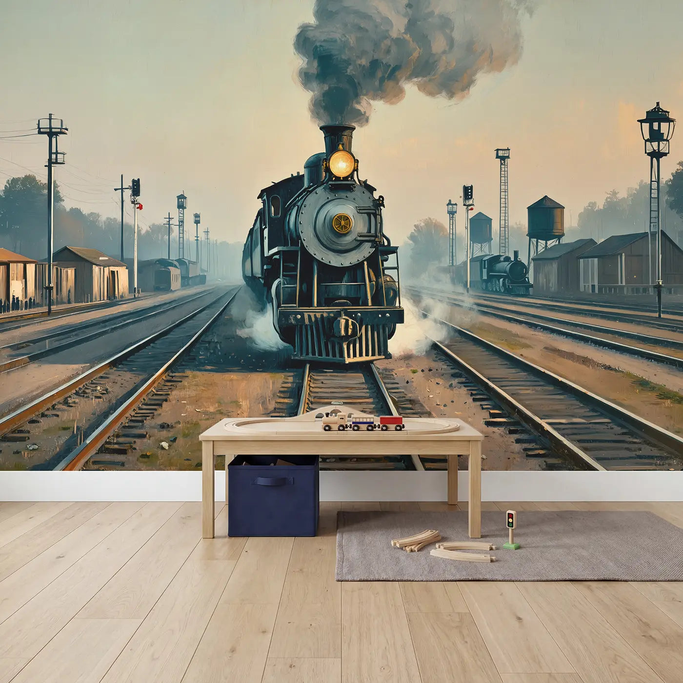 Steam Engine Morning Yard Wallpaper Mural in playroom setting by Whimsy Tots