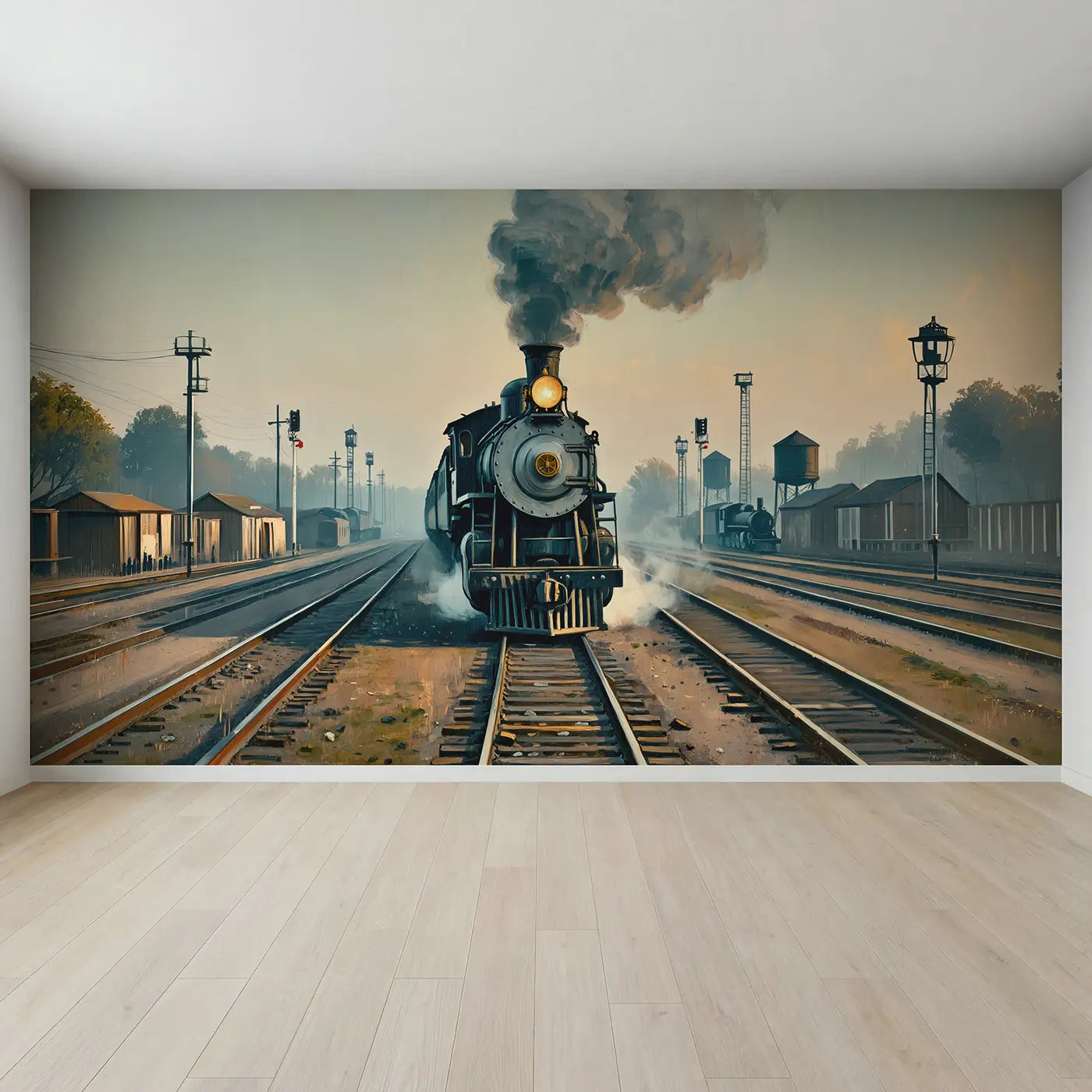 Full view of Steam Engine Morning Yard Wallpaper Mural by Whimsy Tots