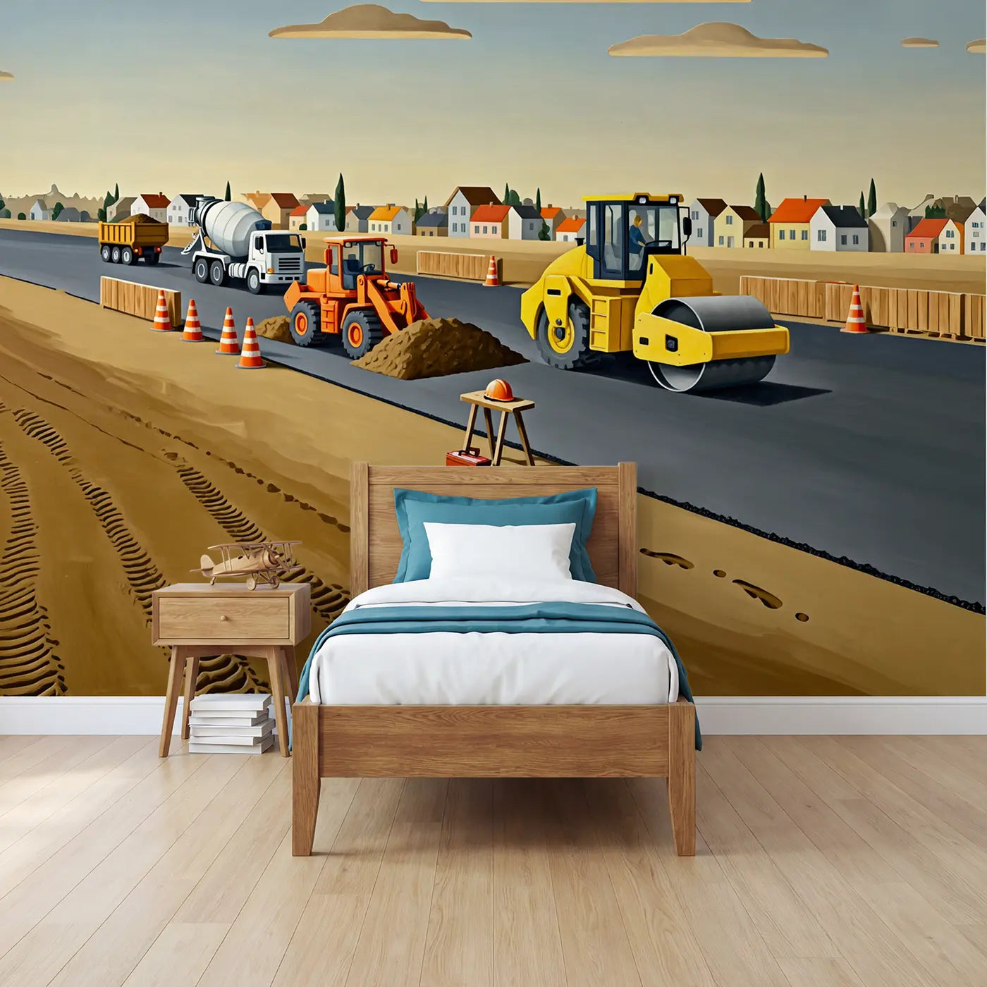 Modern illustration construction site wallpaper mural for boys room by Whimsy Tots