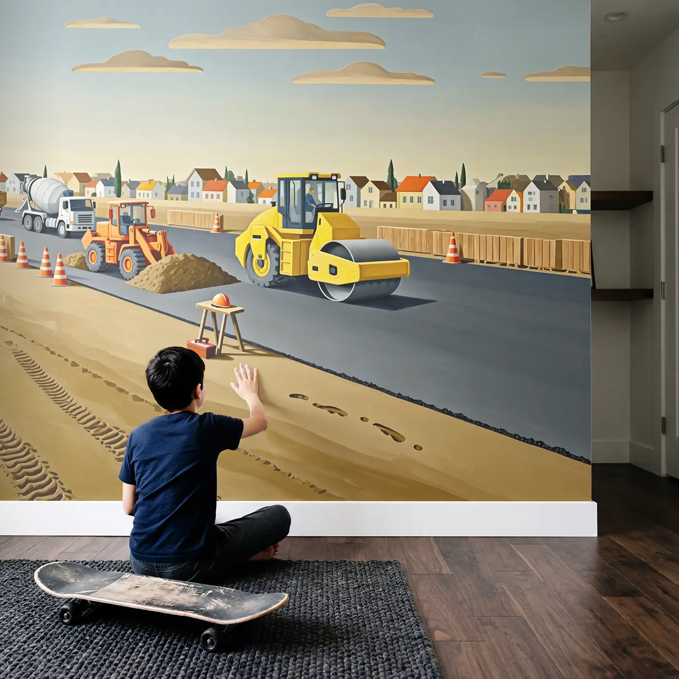Child in nursery with Construction Morning Work Wallpaper Mural by Whimsy Tots