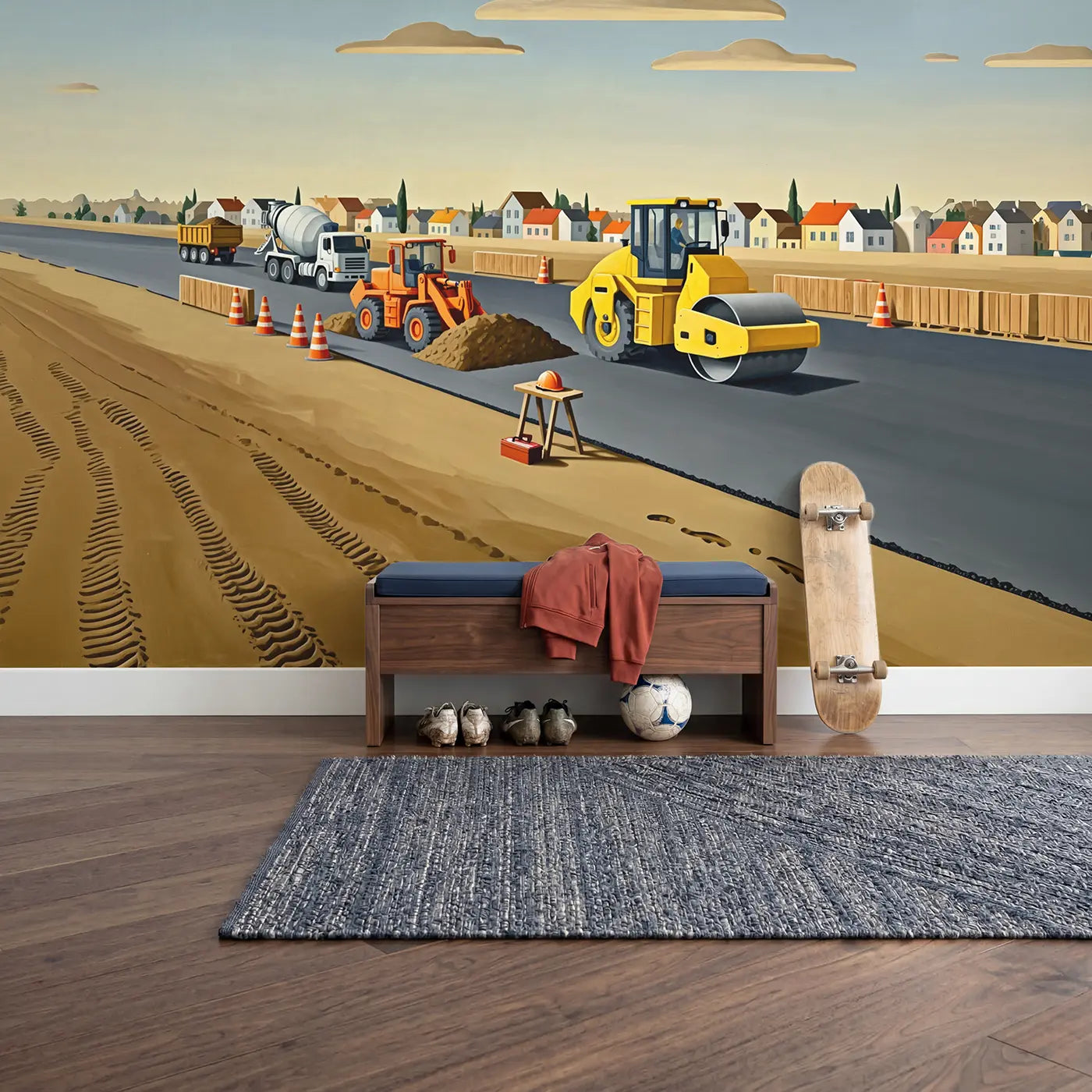 Construction Morning Work Wallpaper Mural in playroom setting by Whimsy Tots