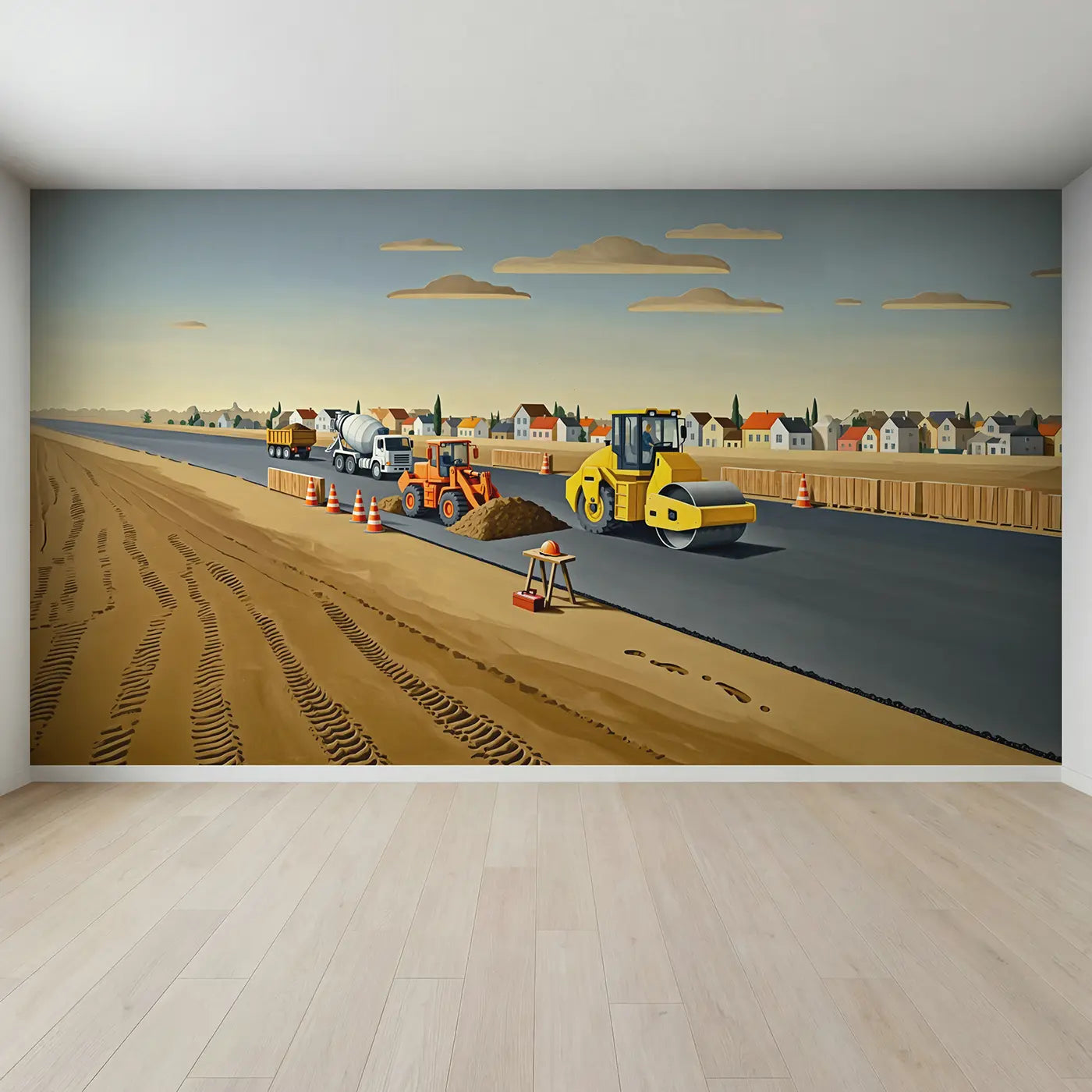 Full view of Construction Morning Work Wallpaper Mural by Whimsy Tots