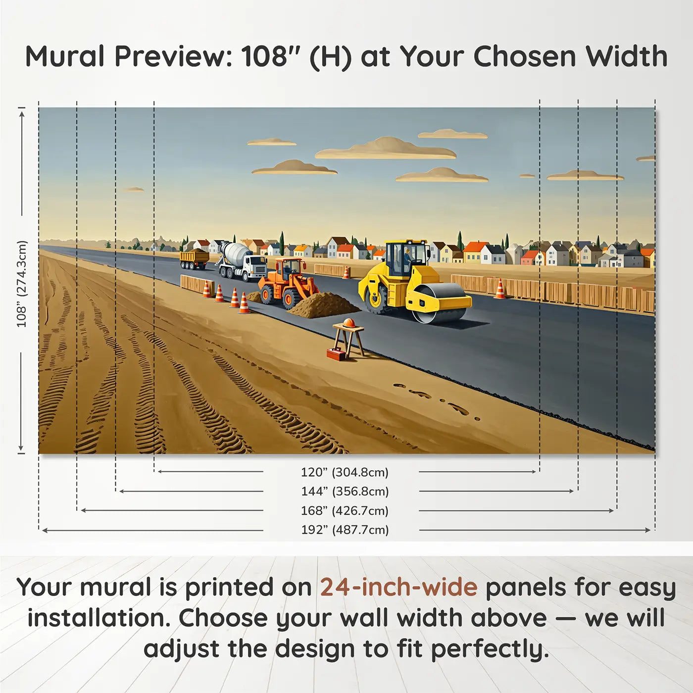 Panel layout and dimensions for Construction Morning Work Wallpaper Mural by Whimsy Tots