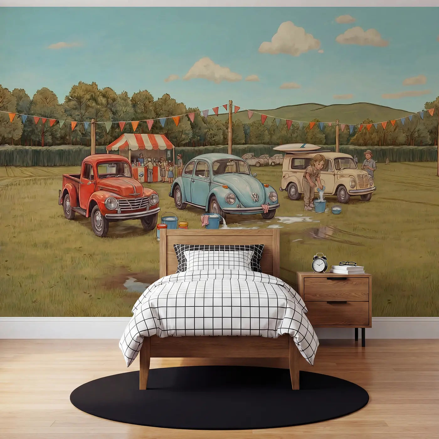 Storybook vintage car show morning wallpaper mural for kids room by Whimsy Tots