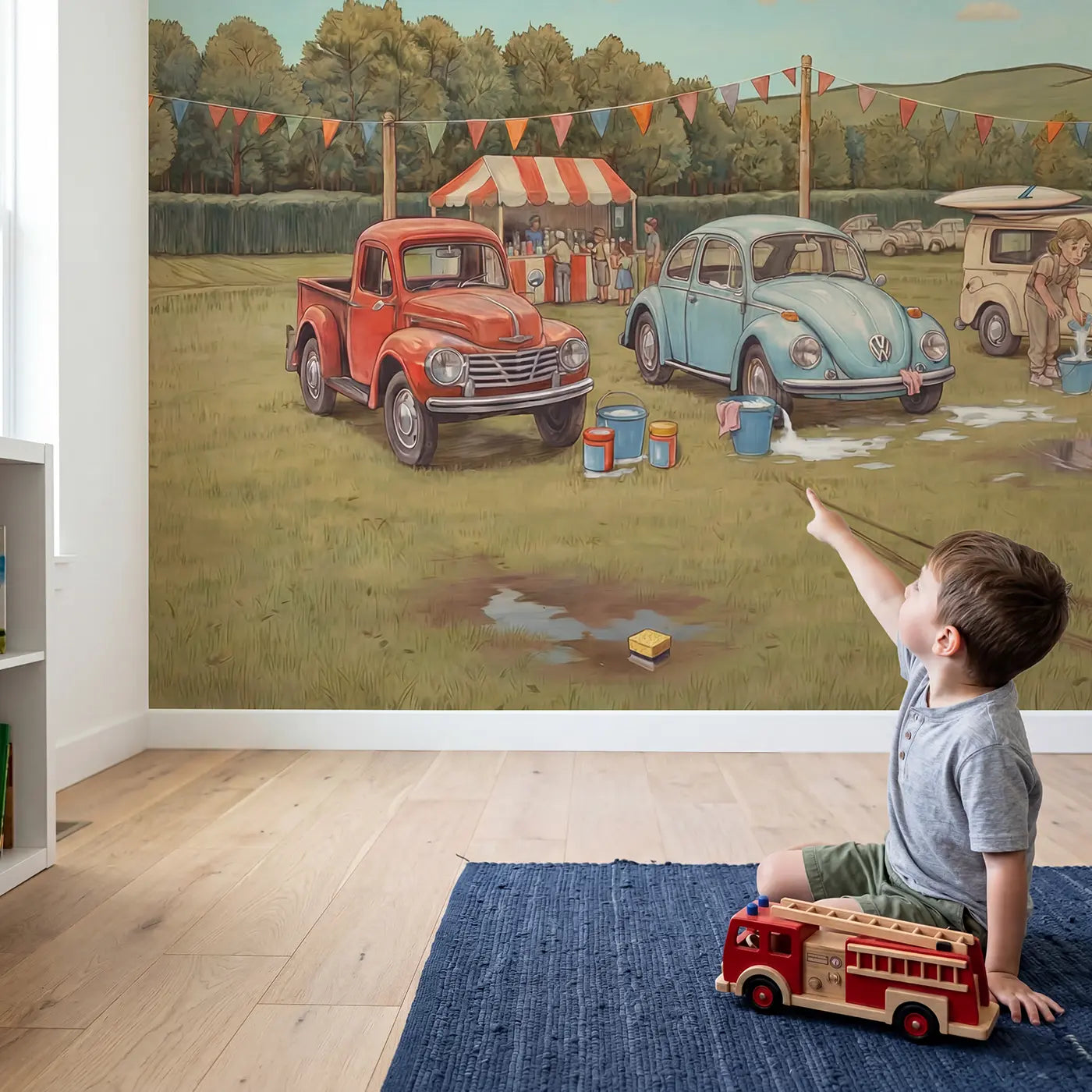 Child in nursery with Vintage Car Show Morning Wallpaper Mural by Whimsy Tots