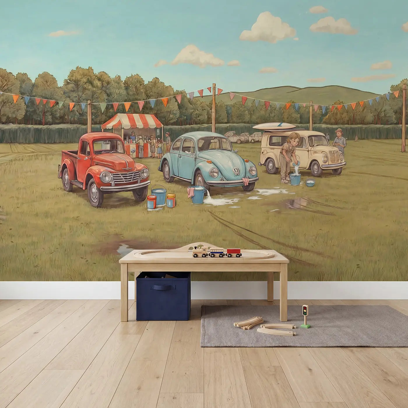Vintage Car Show Morning Wallpaper Mural in playroom setting by Whimsy Tots