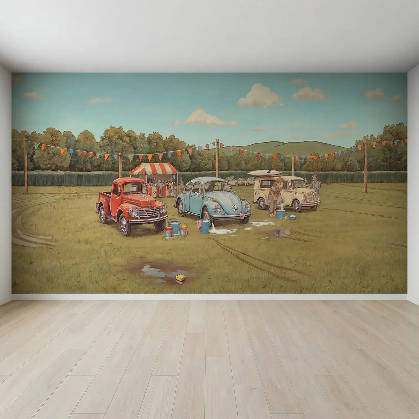 Full view of Vintage Car Show Morning Wallpaper Mural by Whimsy Tots