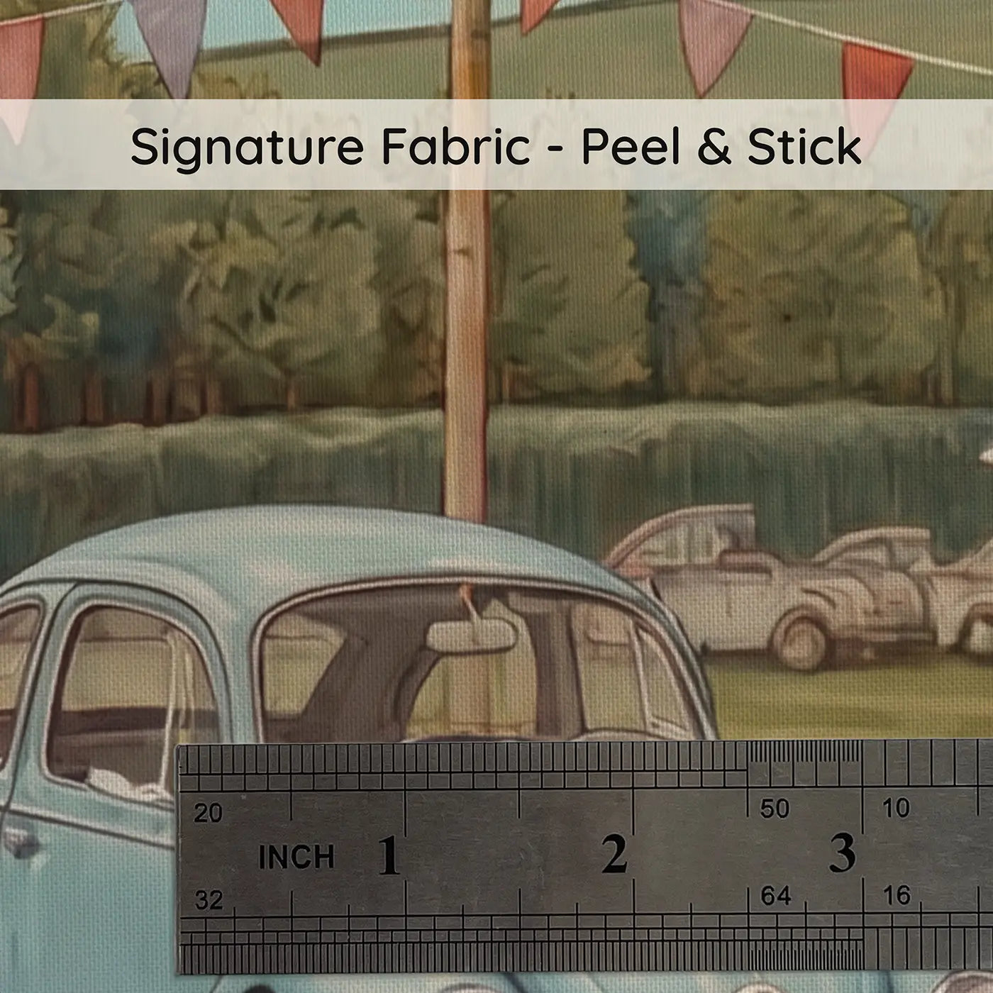 Fabric texture close-up of Vintage Car Show Morning Wallpaper Mural by Whimsy Tots
