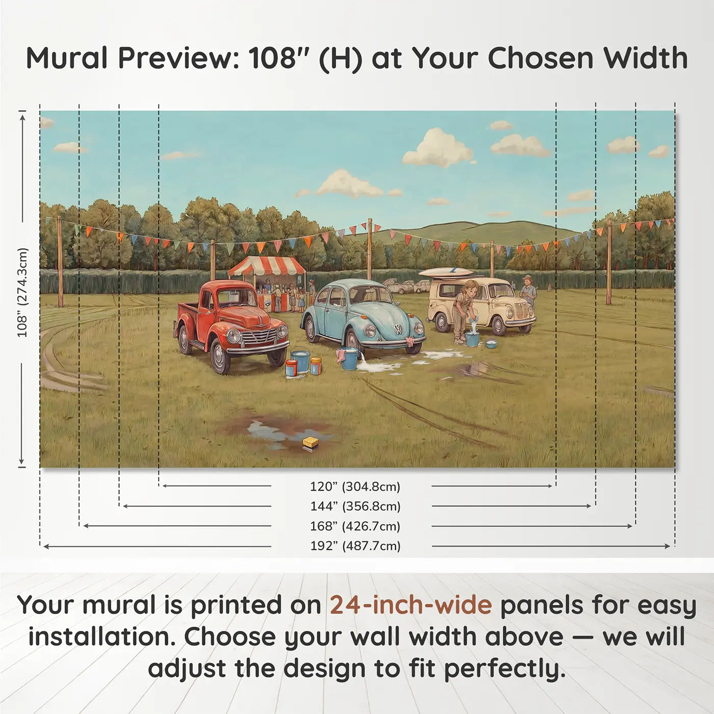 Panel layout and dimensions for Vintage Car Show Morning Wallpaper Mural by Whimsy Tots