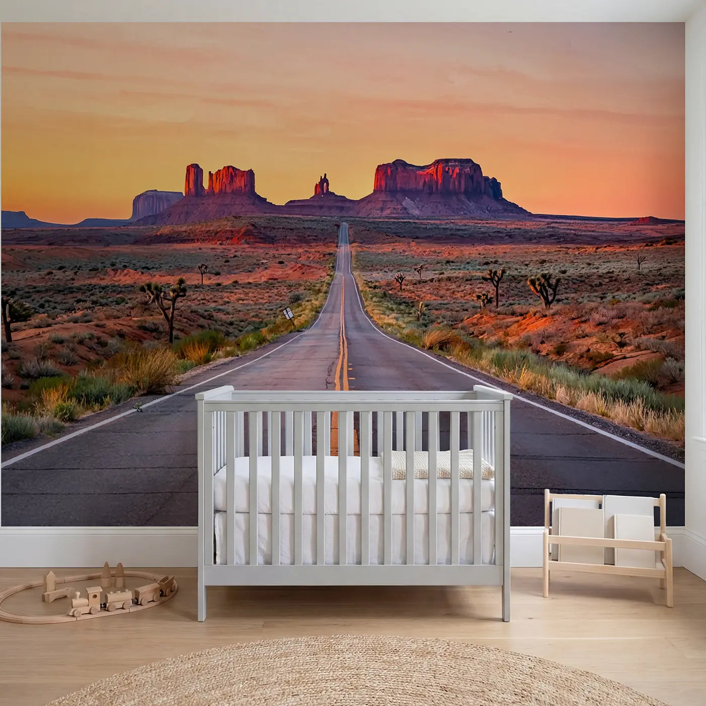 Soft pastel desert highway to buttes wallpaper mural for kids room by Whimsy Tots
