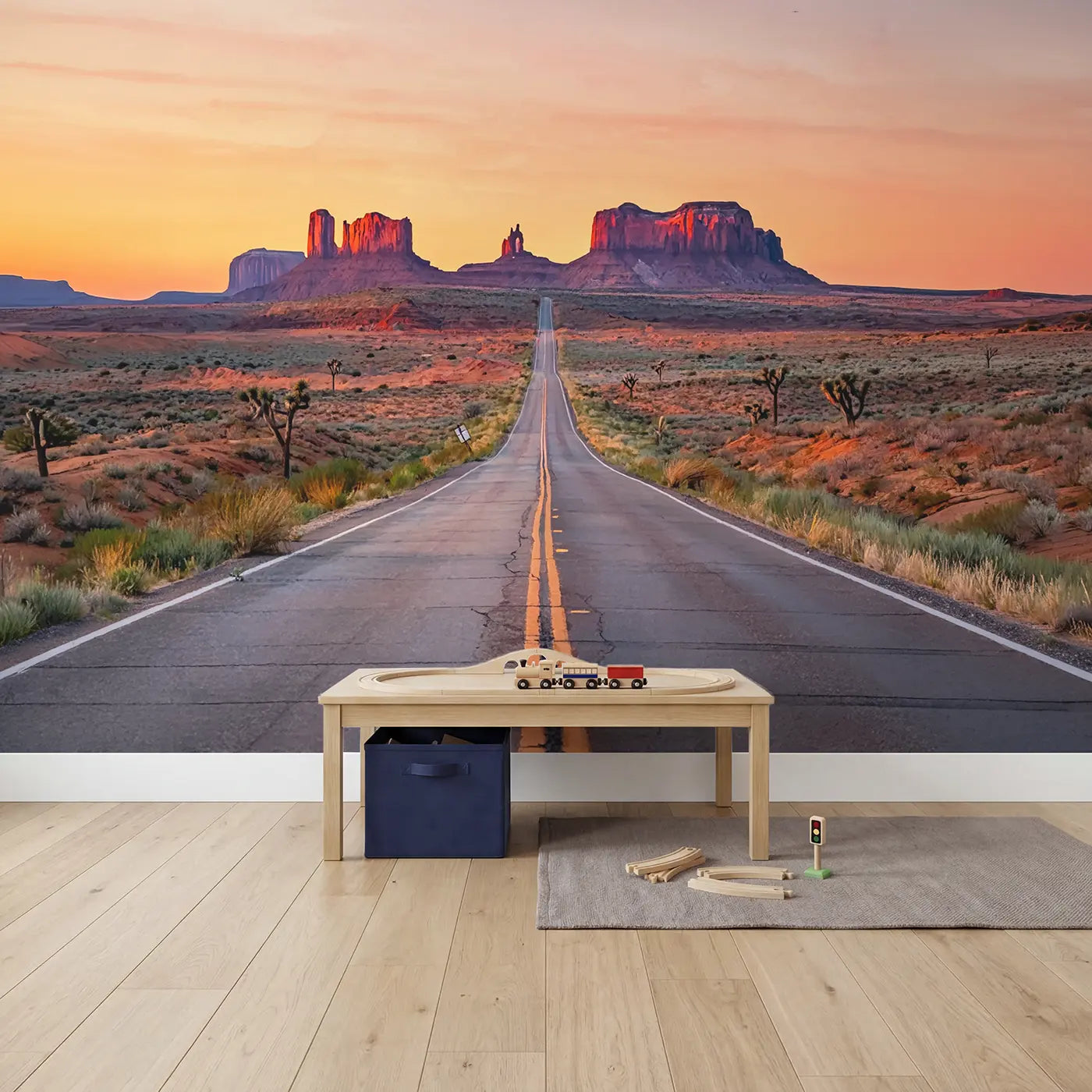 Desert Highway to Buttes Wallpaper Mural in playroom setting by Whimsy Tots