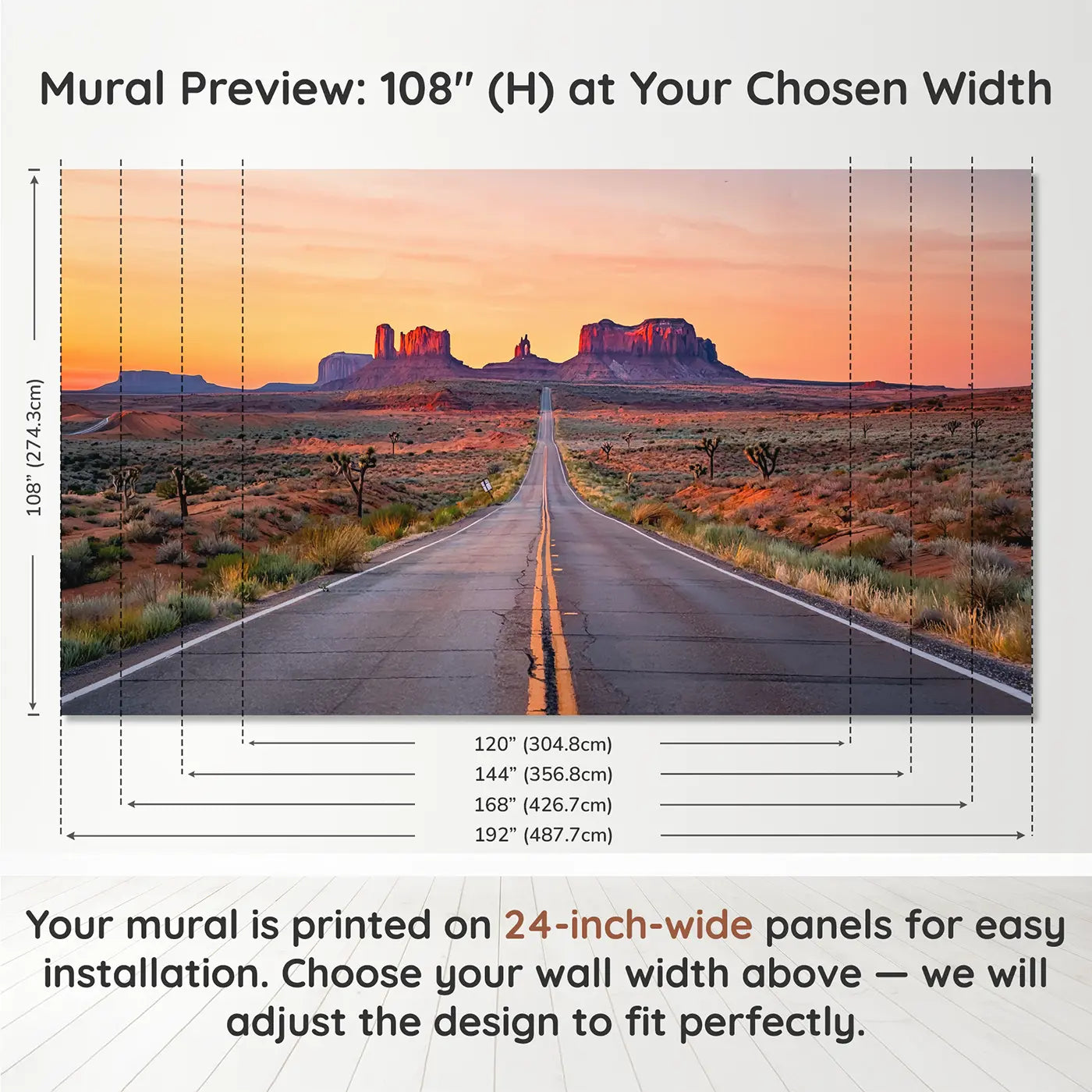 Panel layout and dimensions for Desert Highway to Buttes Wallpaper Mural by Whimsy Tots