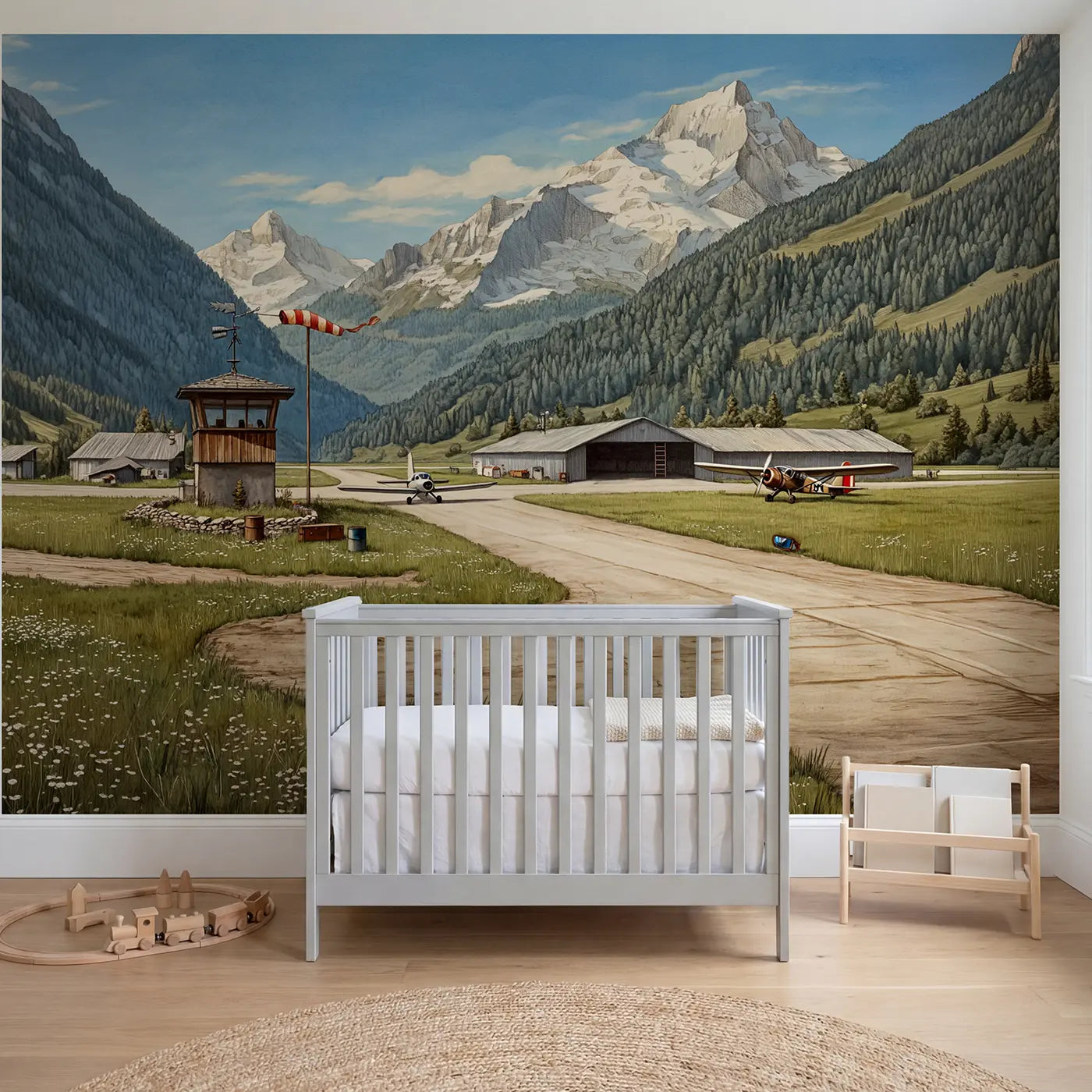 Storybook airplane and runway vintage wallpaper mural for kids room by Whimsy Tots