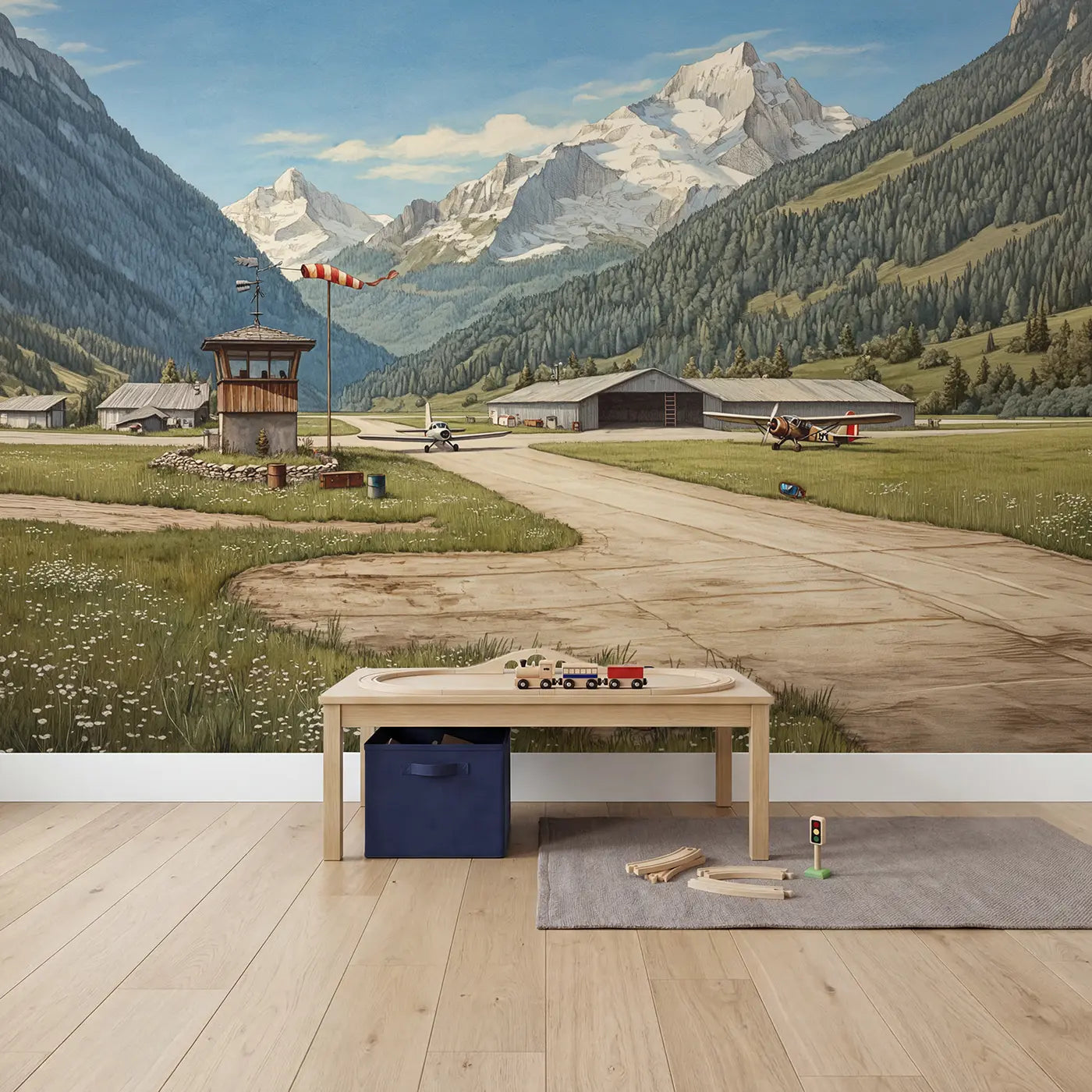 Mountain Airfield Morning Wallpaper Mural in playroom setting by Whimsy Tots