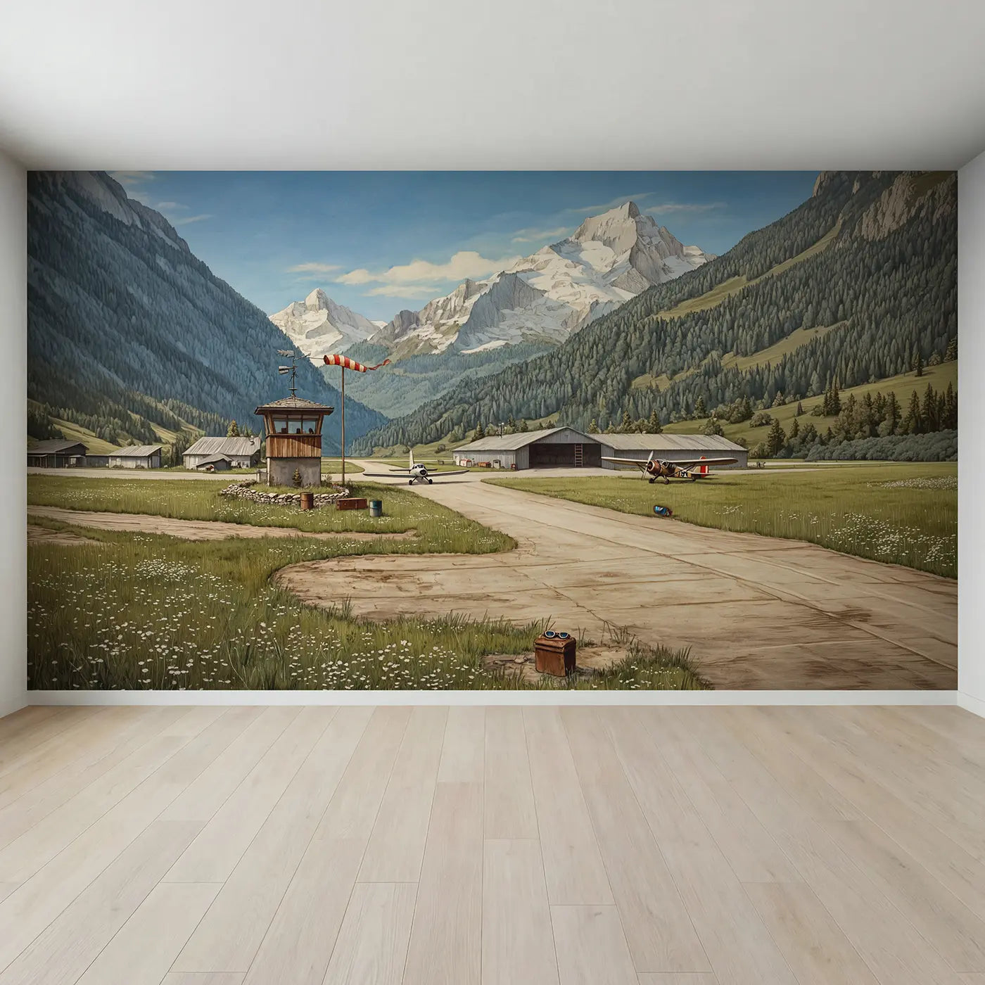 Full view of Mountain Airfield Morning Wallpaper Mural by Whimsy Tots