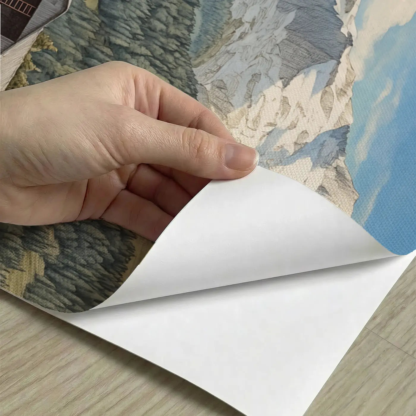 Peel-and-stick detail of Mountain Airfield Morning Wallpaper Mural by Whimsy Tots