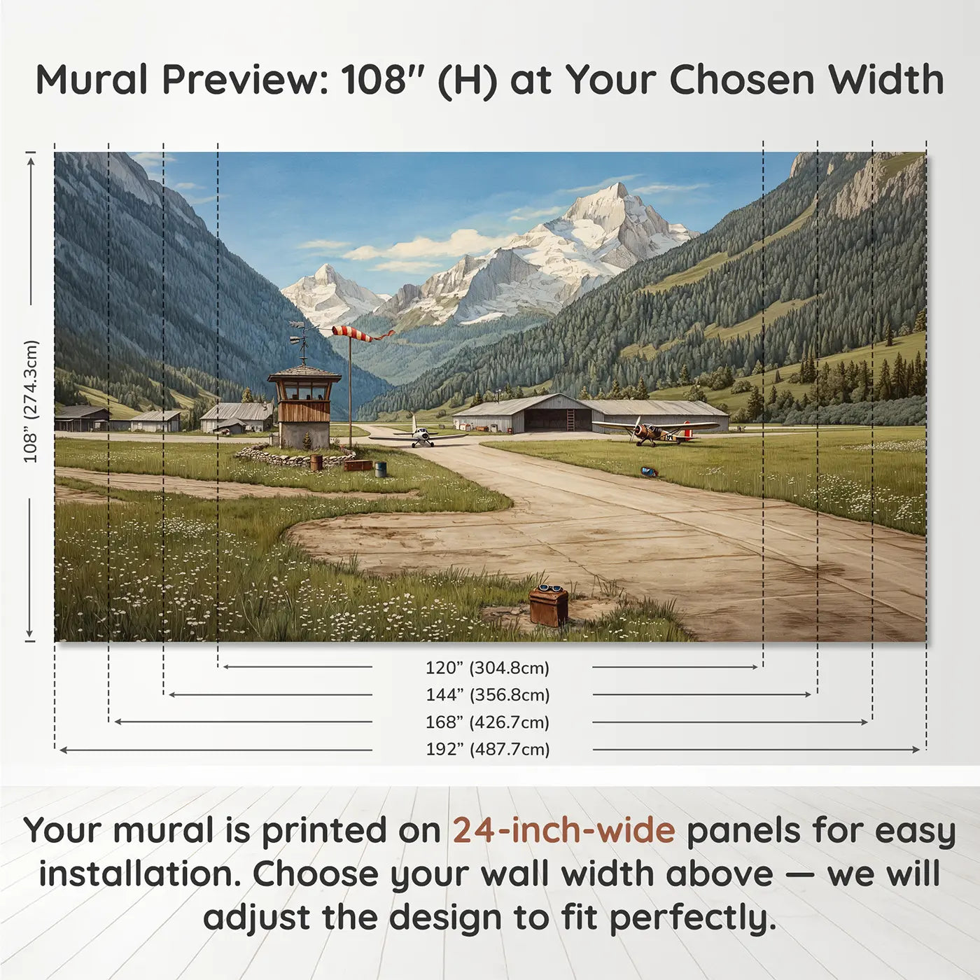 Panel layout and dimensions for Mountain Airfield Morning Wallpaper Mural by Whimsy Tots