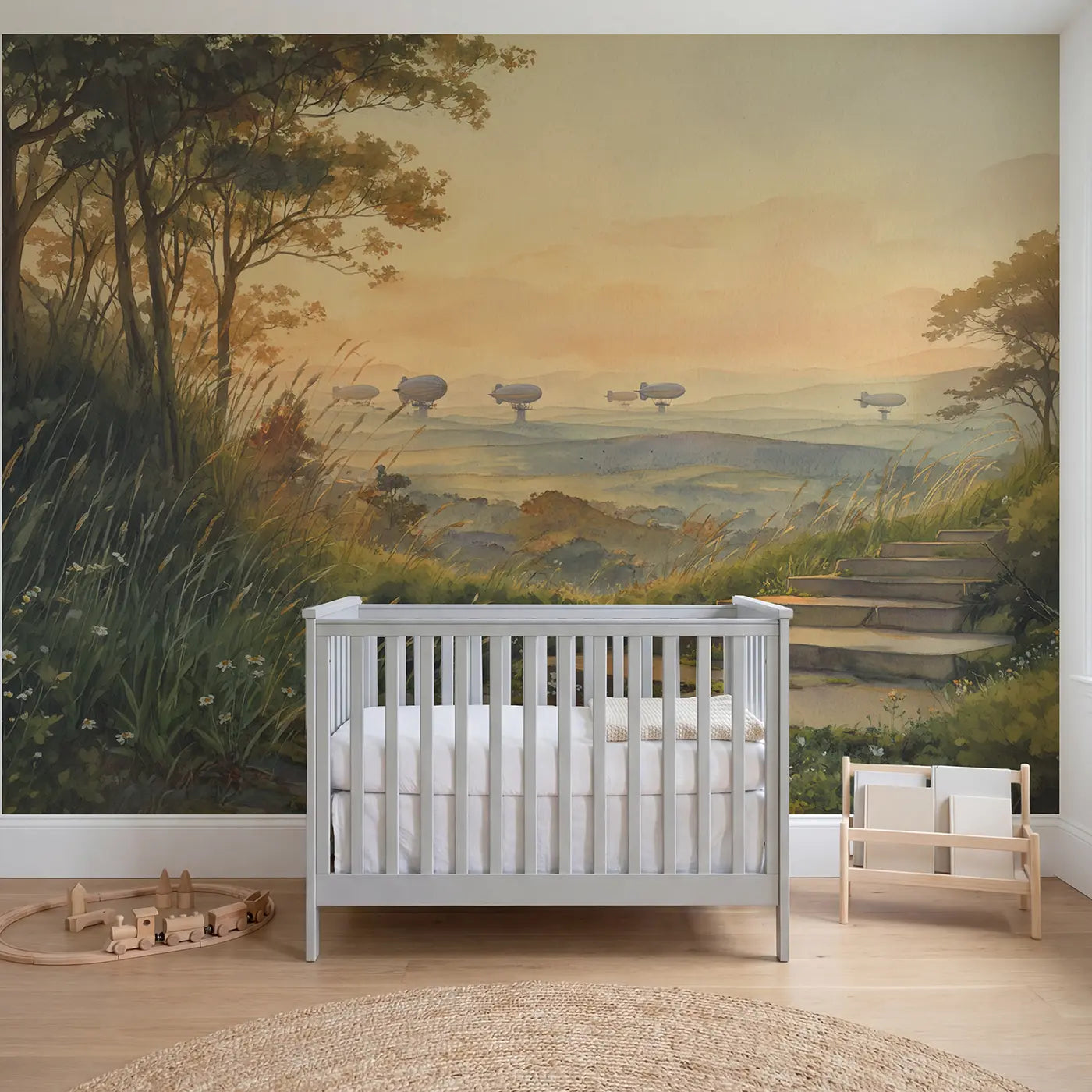 watercolor vintage airship mooring tower wallpaper mural for nursery by Whimsy Tots