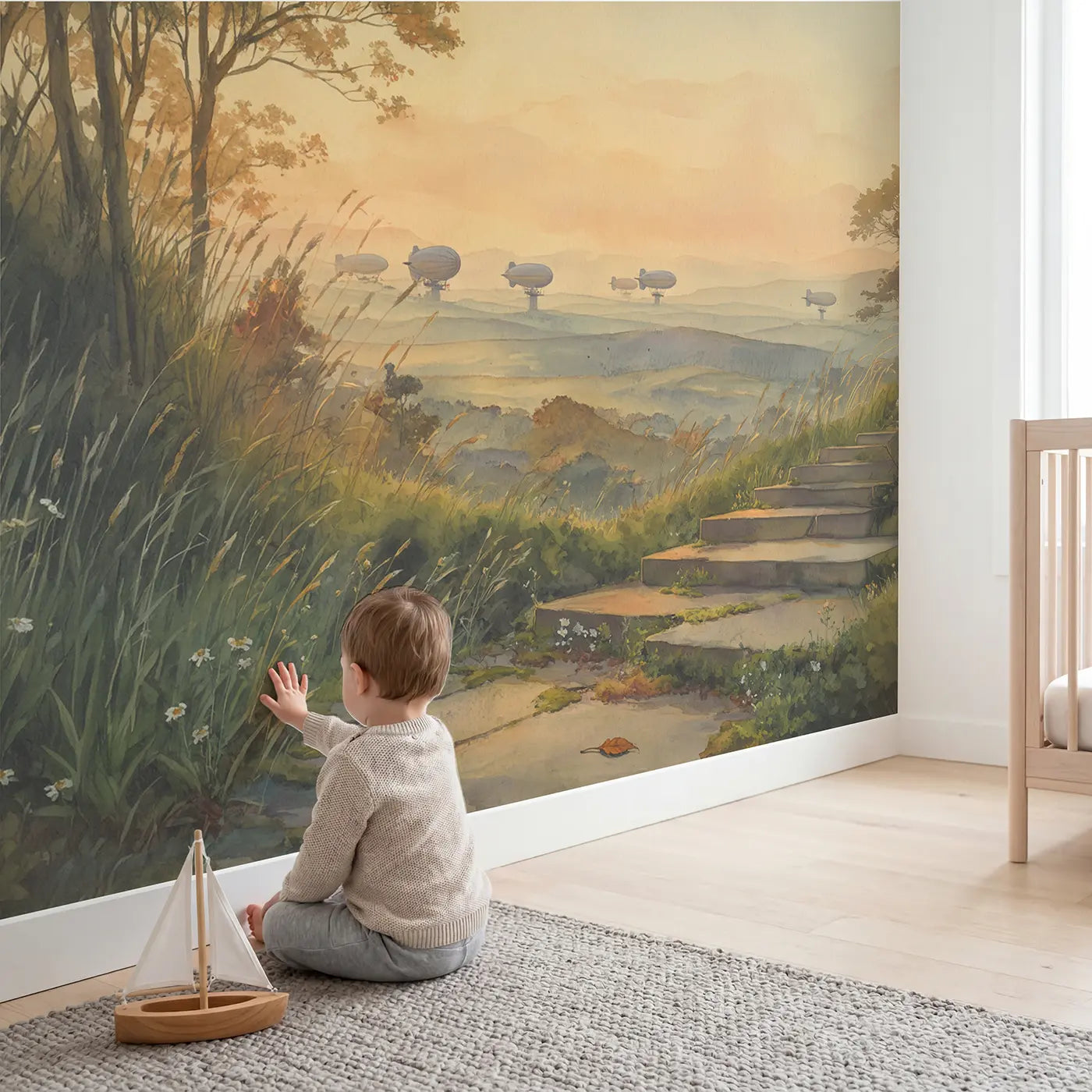 Child in nursery with Vintage Airship Mooring Tower Wallpaper Mural by Whimsy Tots